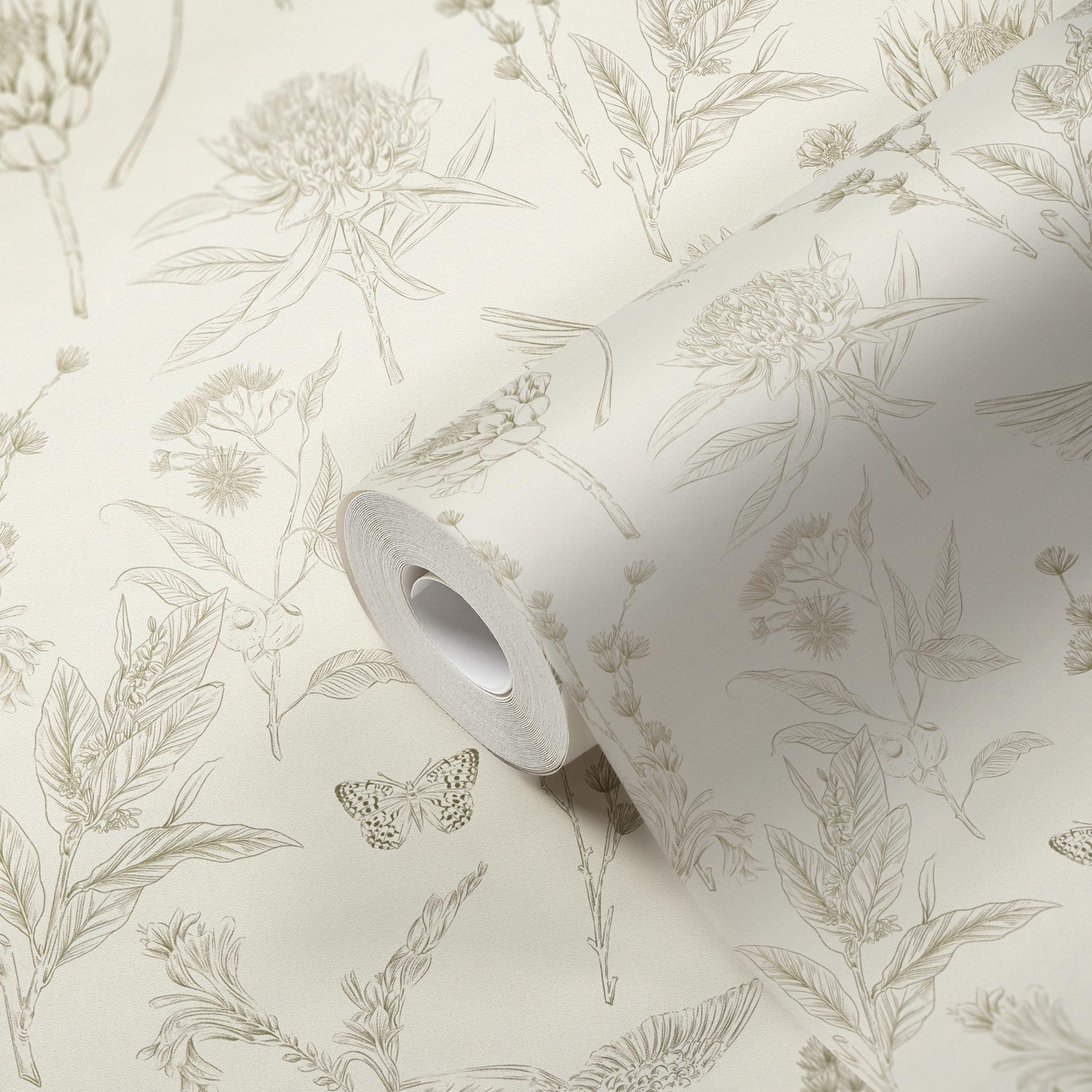 vliesbehang met bloemen en vogels wit groen - behang met bloemenmotieven