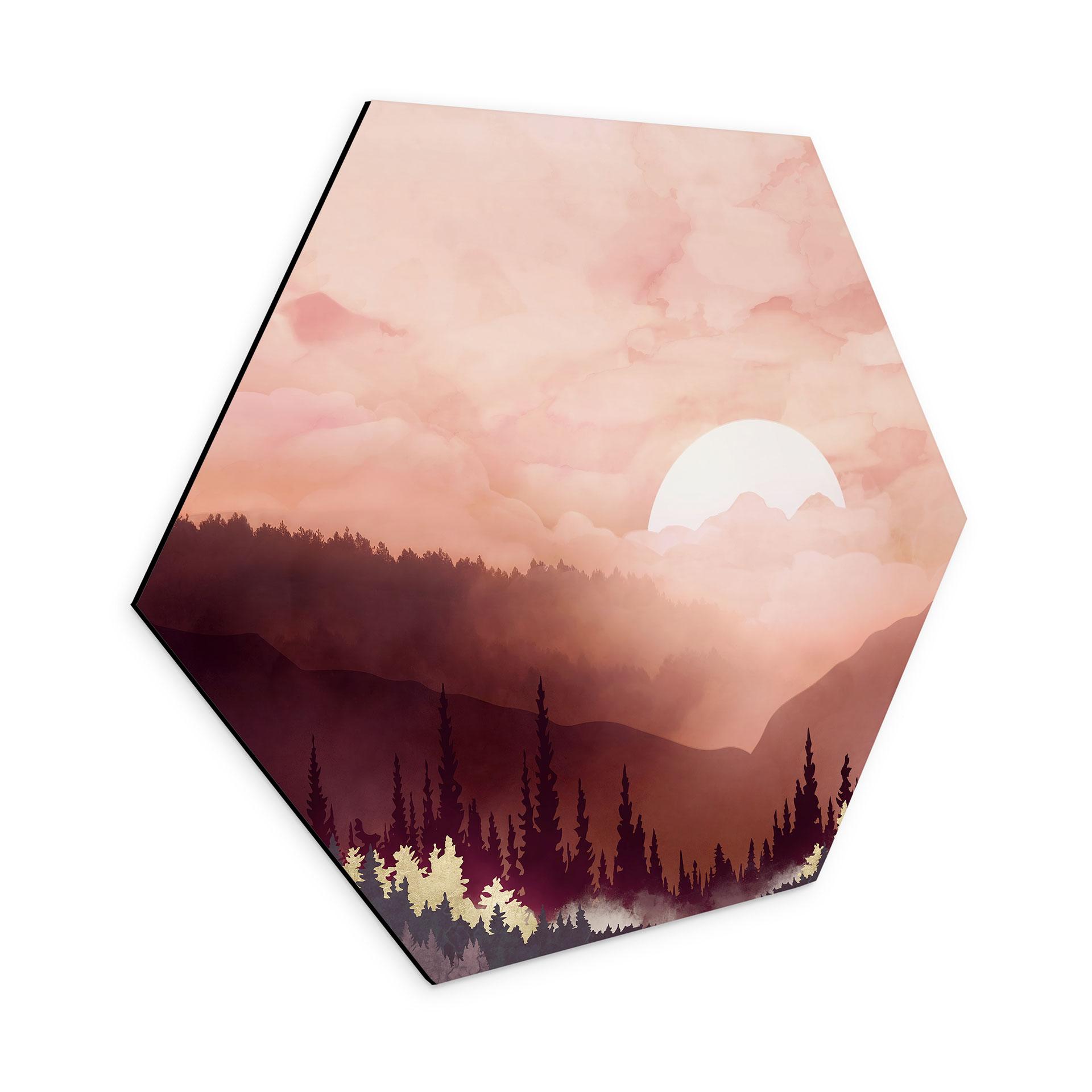 Hexagon Dibond Lyserød solnedgang over skoven - SpaceFrog Designs