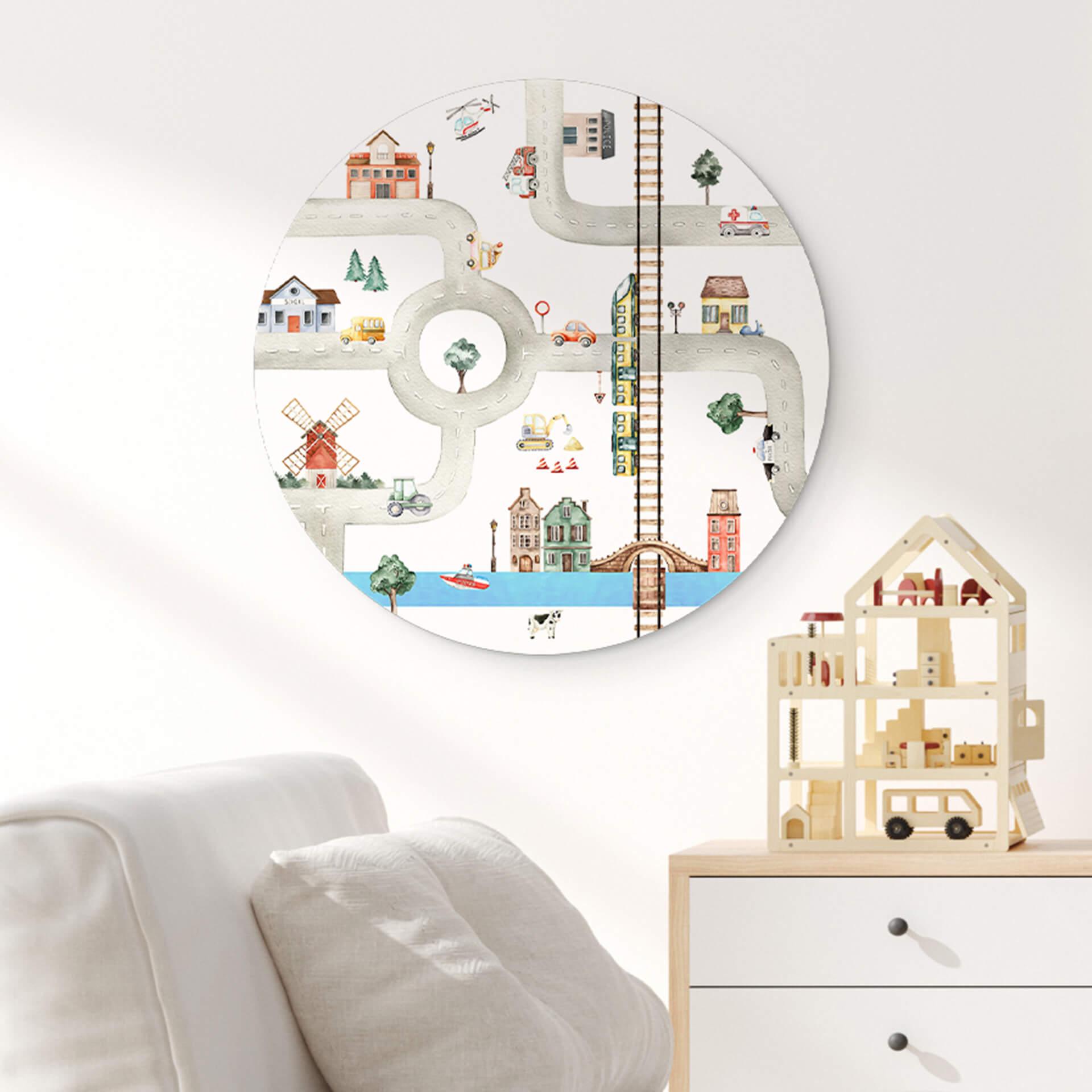 Kinderzimmer Wandbild Oliver Robins - Spielstraße Alu-Dibond Rund