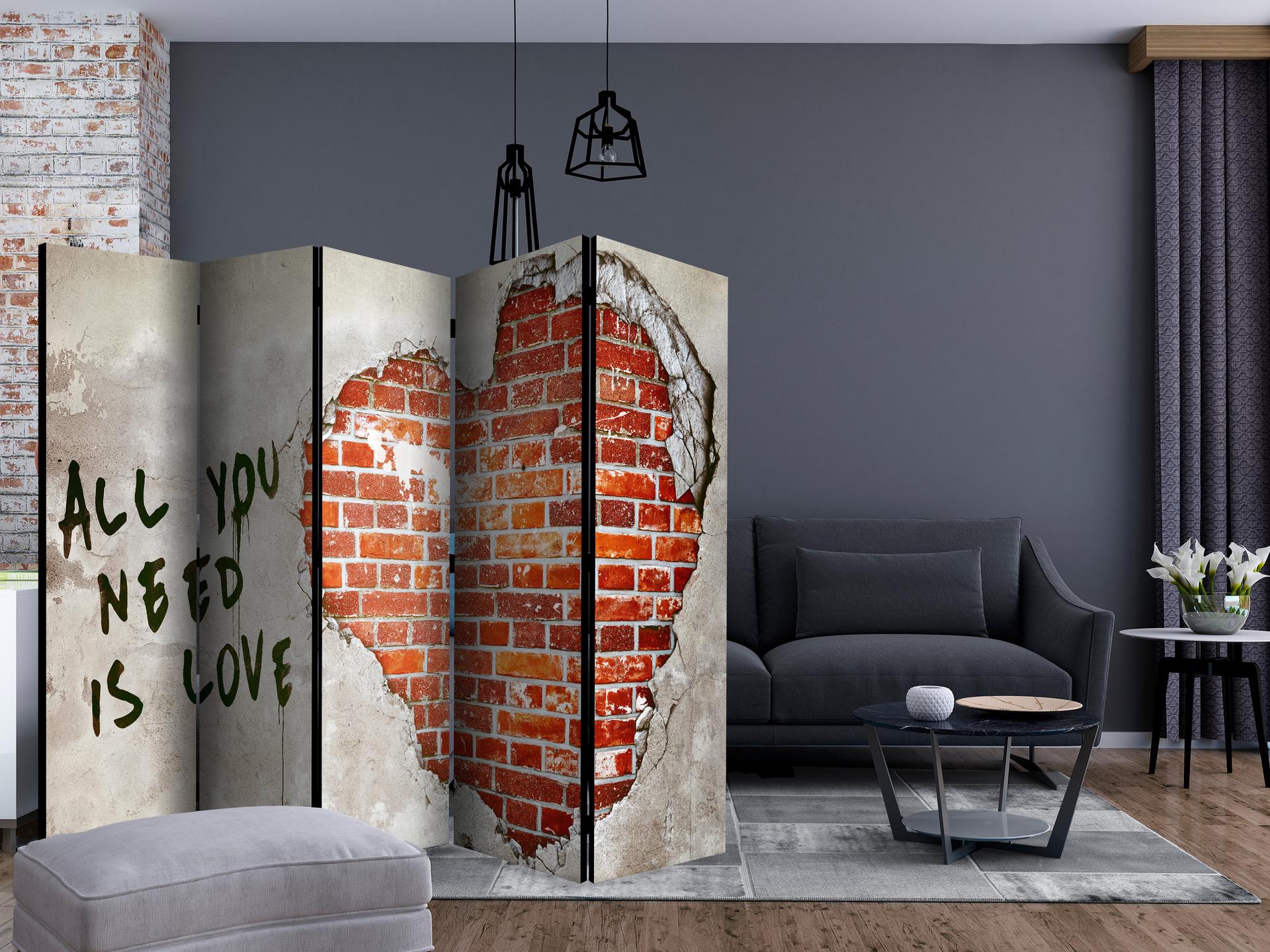 Paravent, Raumteiler freistehend, Trennwand -  Liebe ist alles was du brauchst , 5-teilig - 225x172