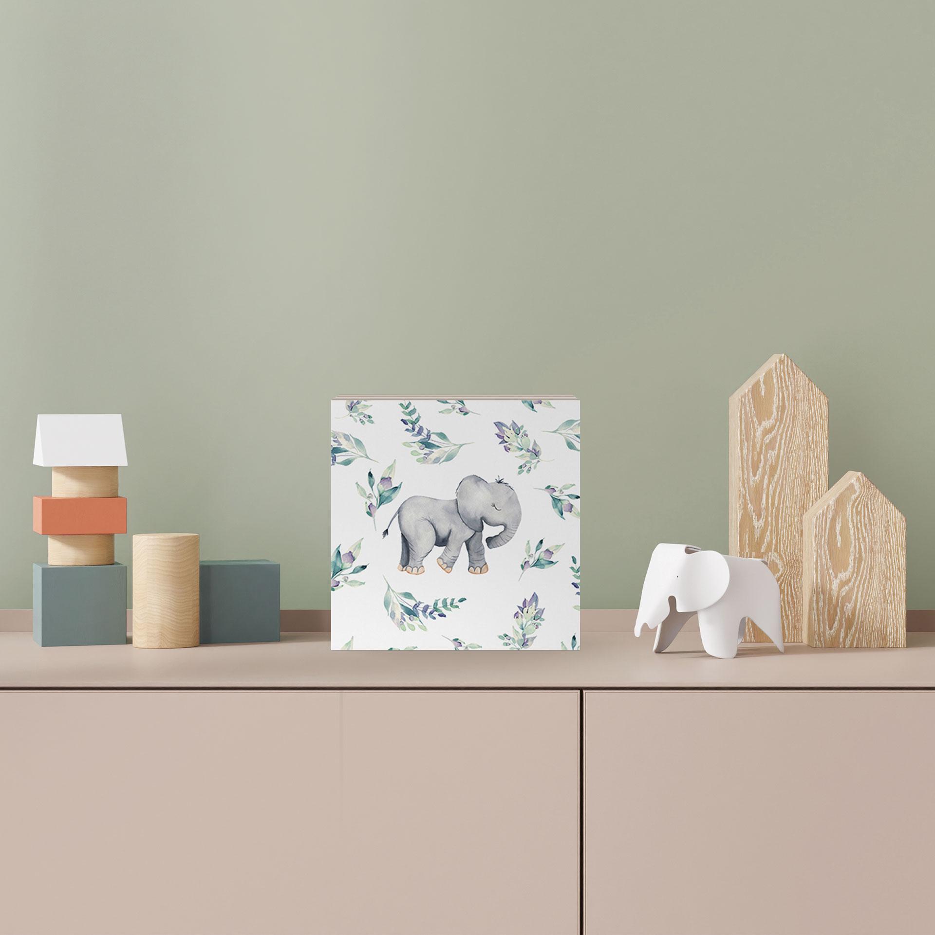 Blocco di decorazione in legno Un simpatico elefantino tra rami boho - UN Designs