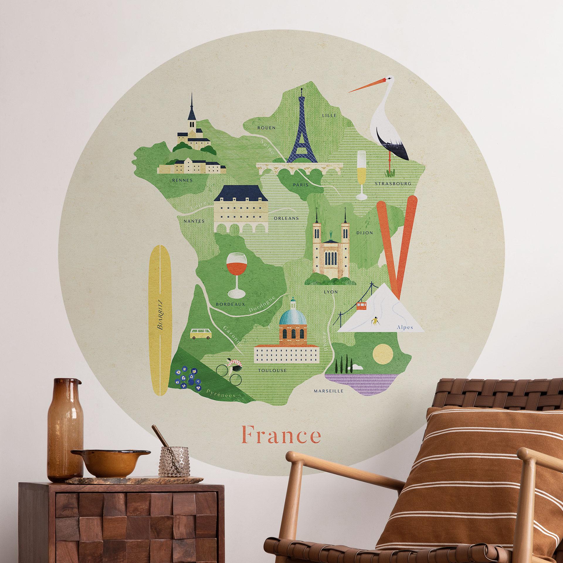 Wallsticker kort over Frankrig - Rivers - Rund
