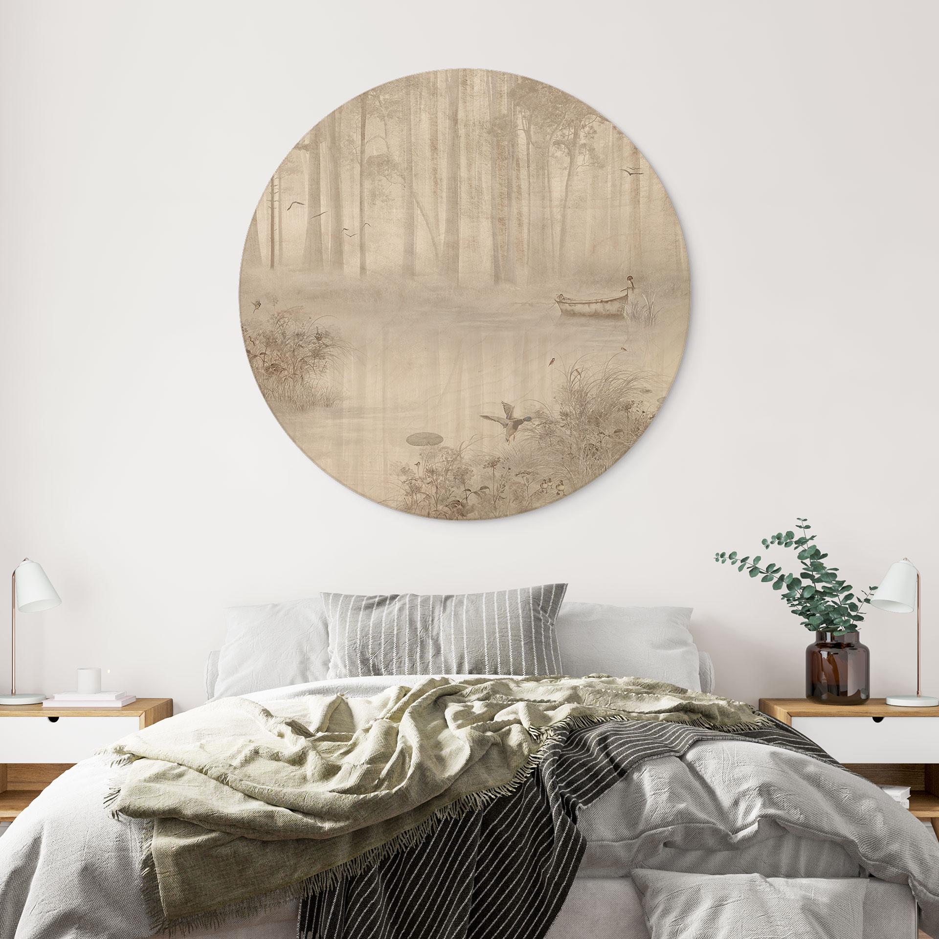 Holzbild Wald am See im Nebel in Beige - Ms Tiff - Rund