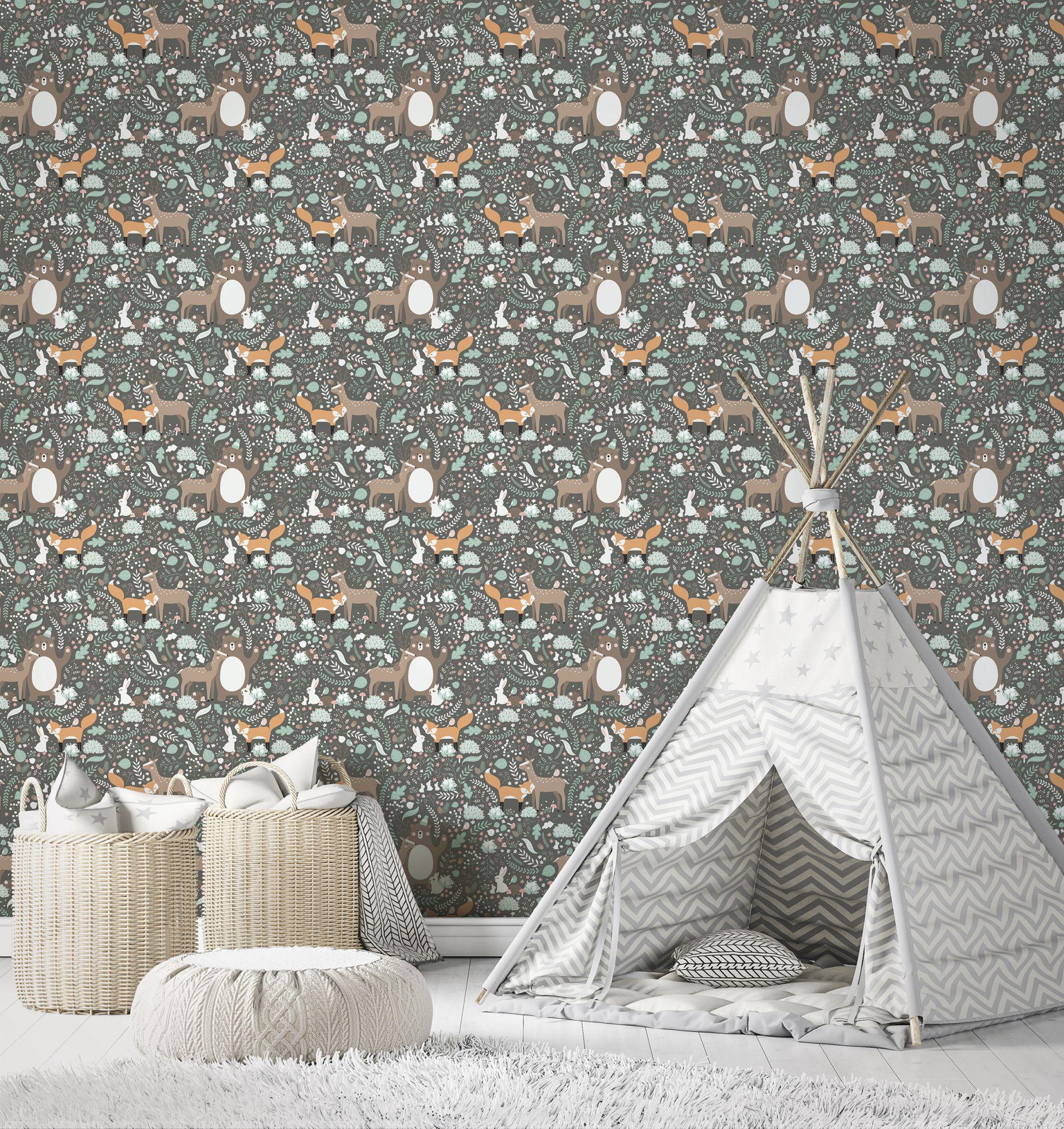 kinderbehang, vliesbehang met illustratie Kids Walls groen, grijs