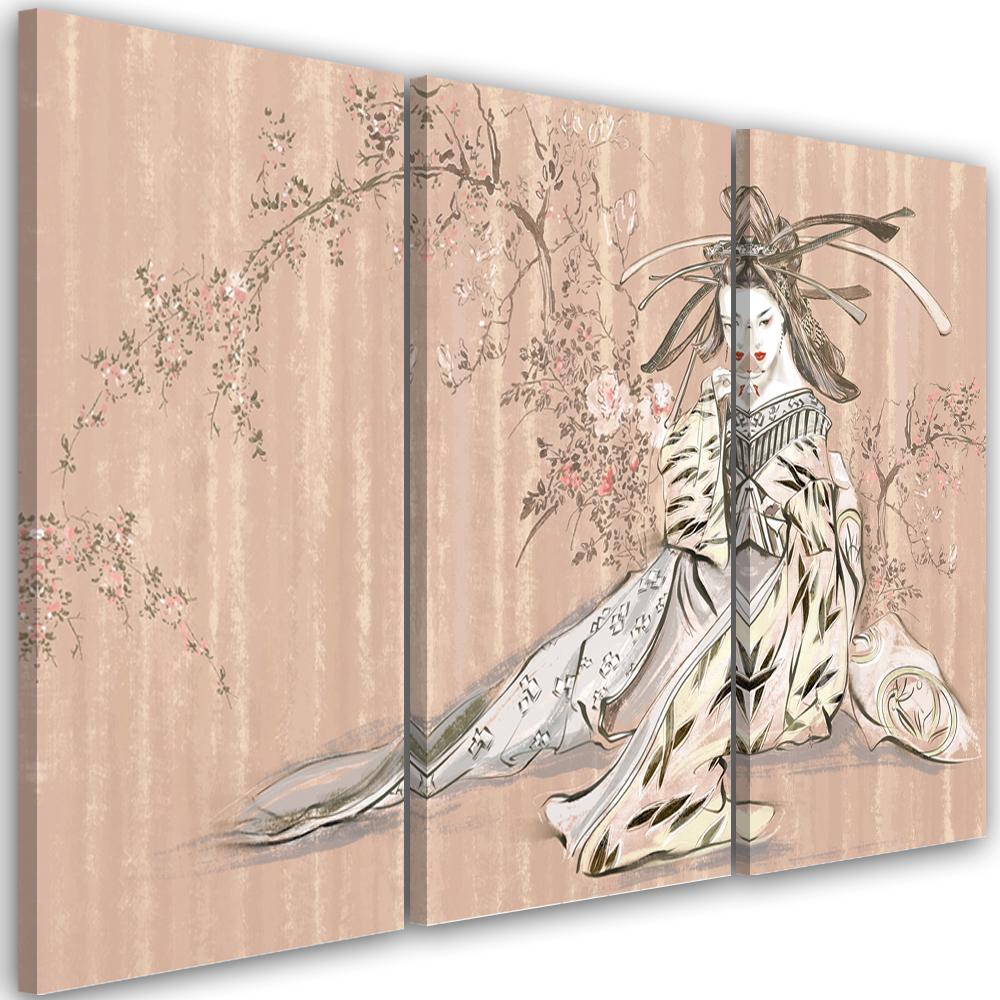 3 stykke lærredstryk, traditionel japansk geisha