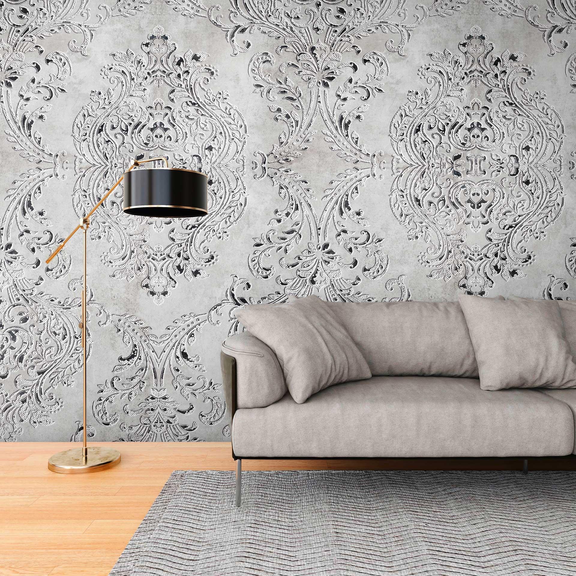 Barokt tapet i sølvgrå - nonwoven tapet ornamentalt design - elegant tapetmaleri