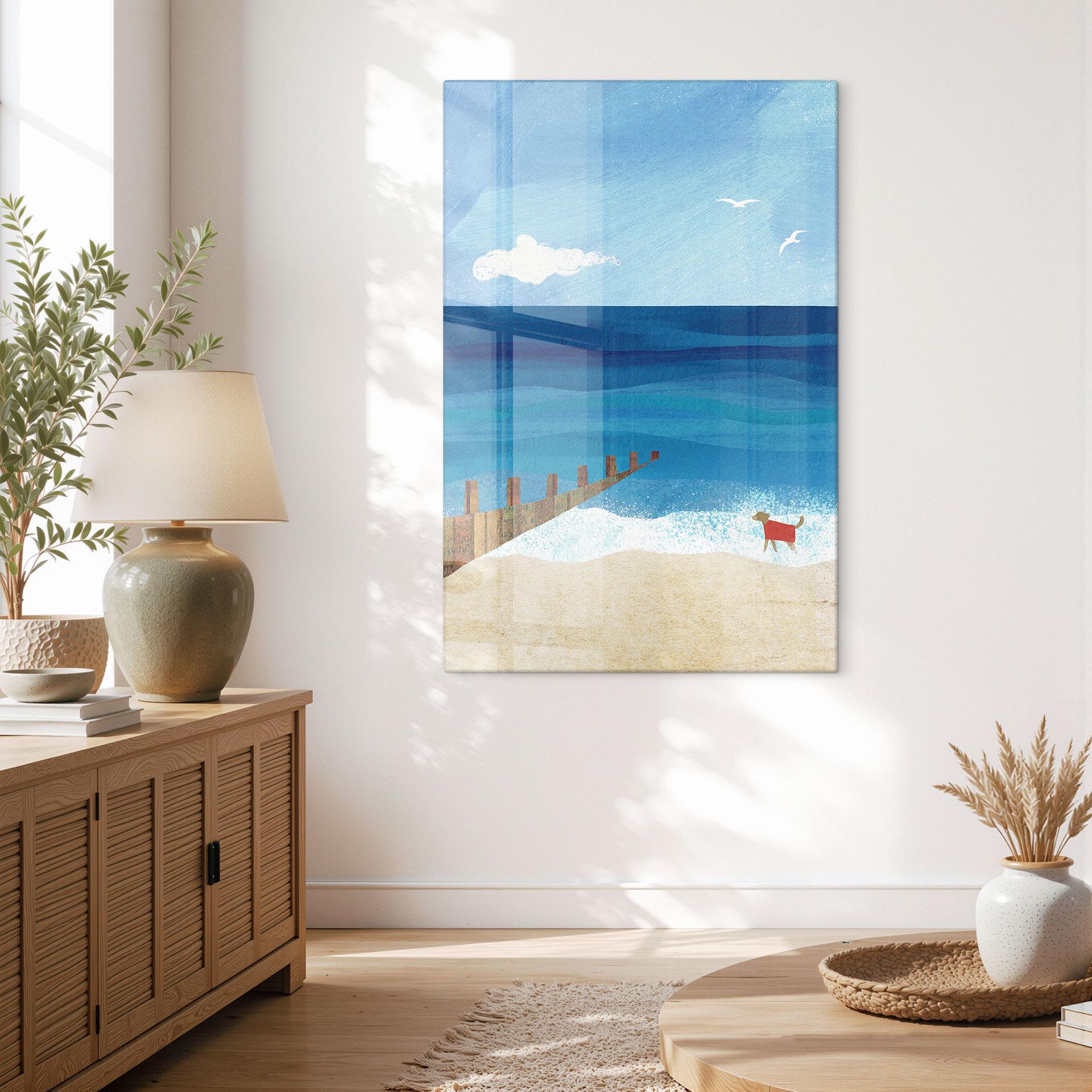 Glasbillede Sommerstrand med hund ved havet - Rivers