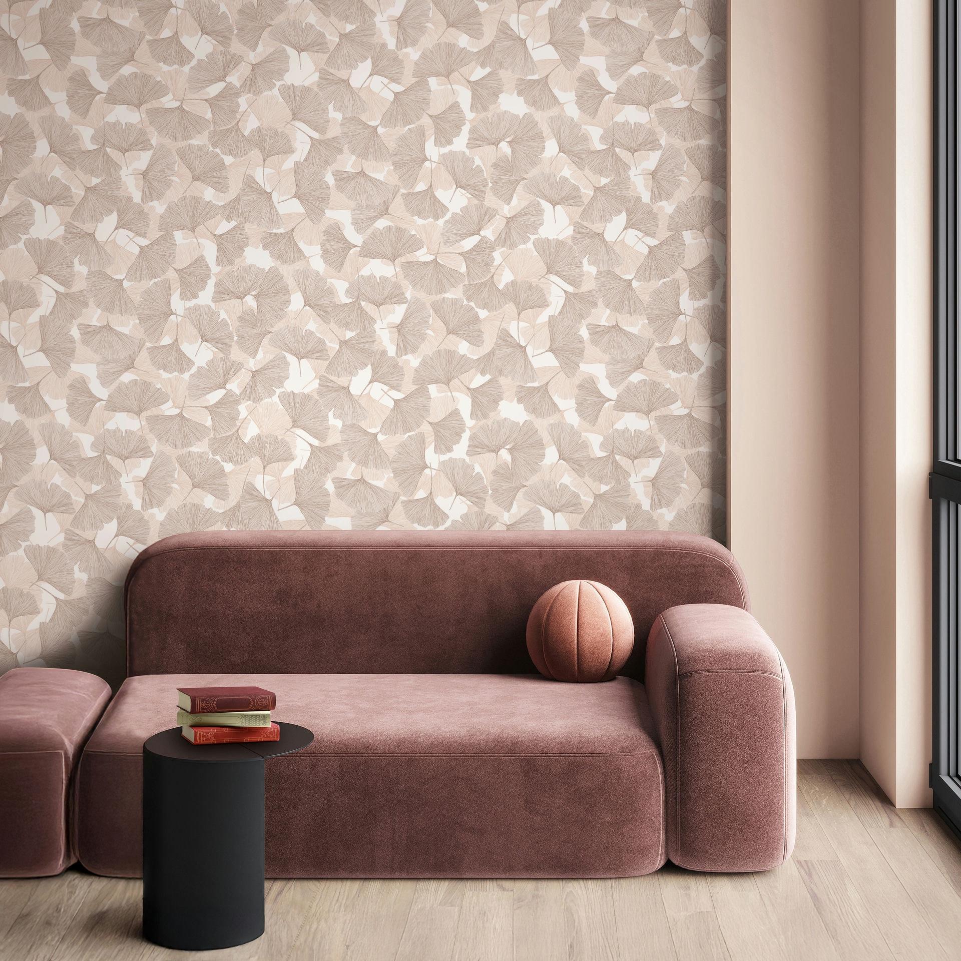 Ikke-vævet tapet 3D, blade blomster natur mat i beige brun