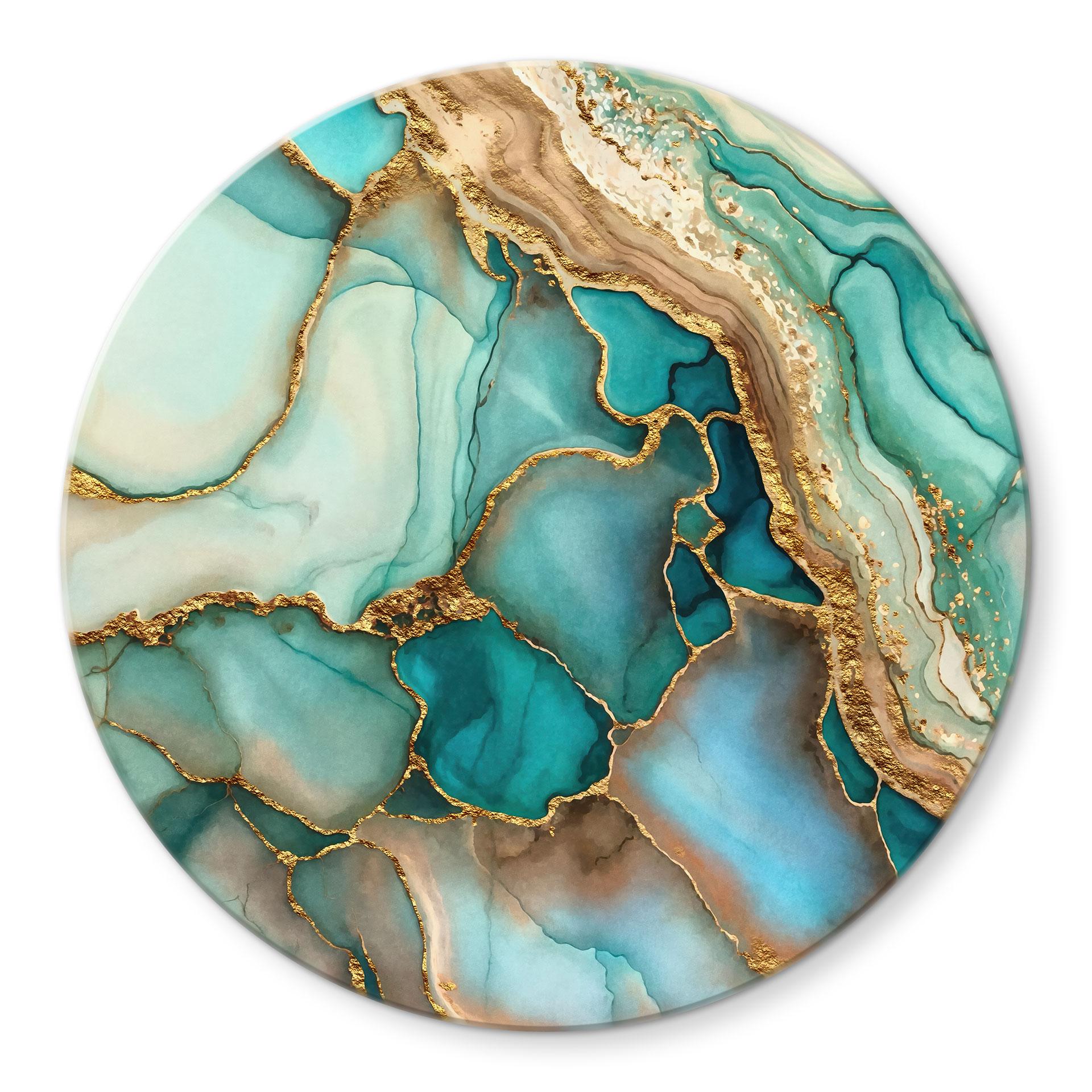 Glasbild Marmorierte Wellen in Türkis und Gold - Haase - Rund