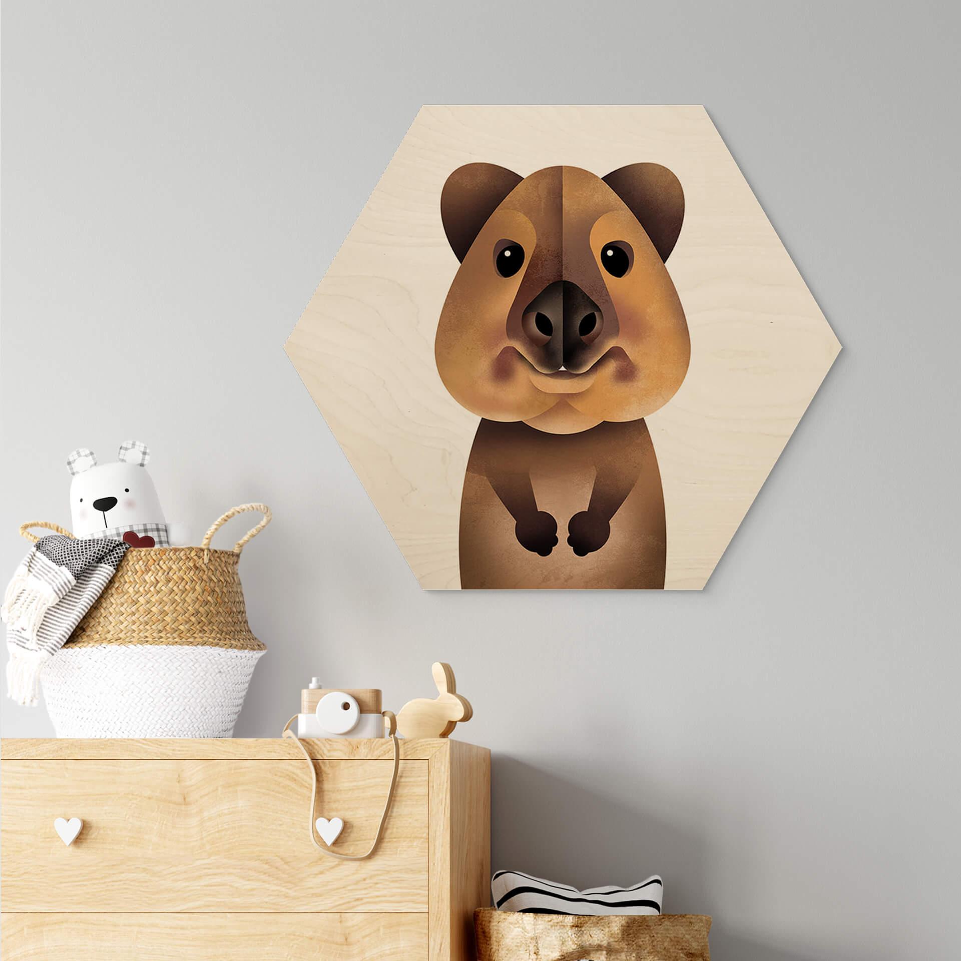 Hexagon Holzbild - Quokka - Braun