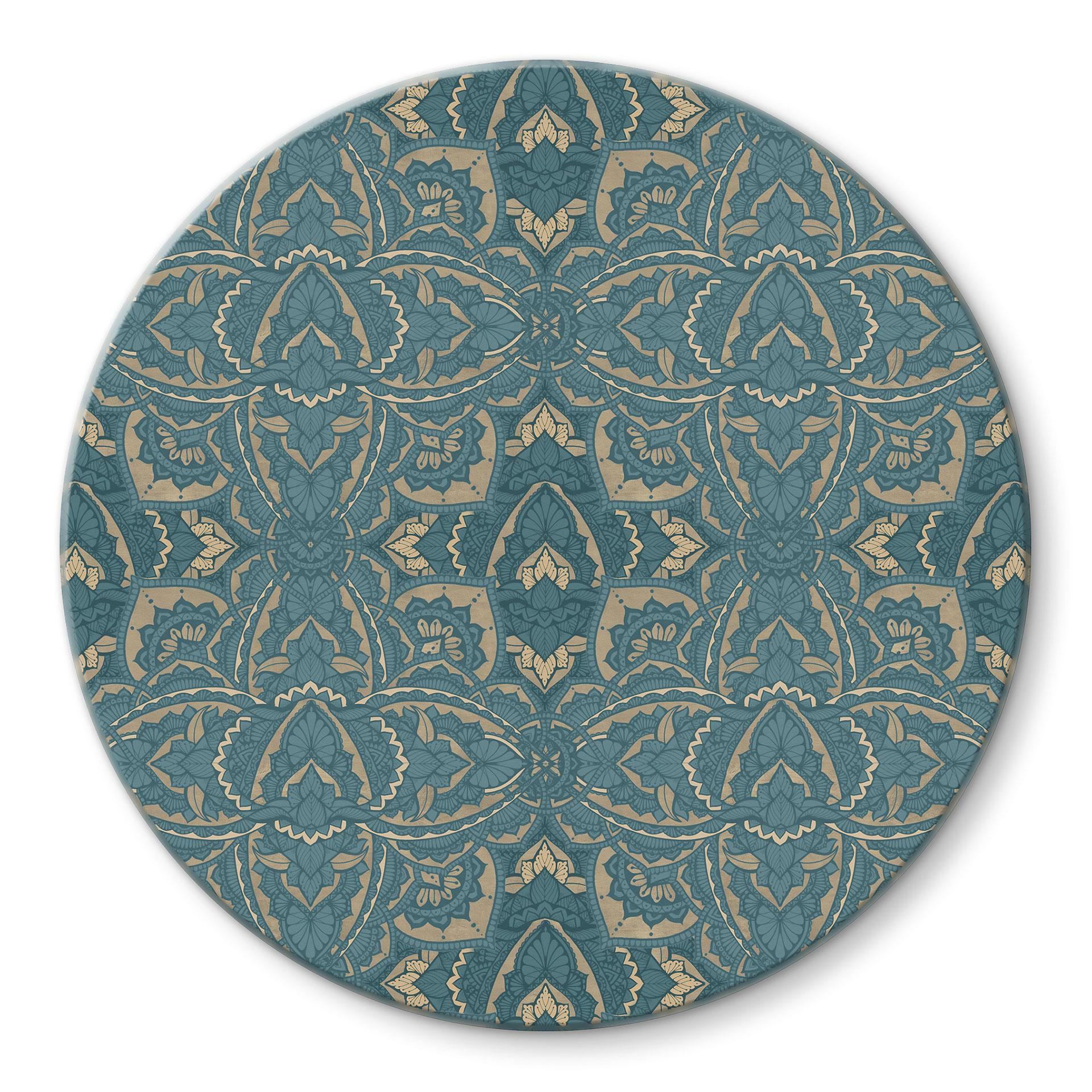 Glasbillede - Vintage Mandala i turkis guld - Bloomery Decor - Rund
