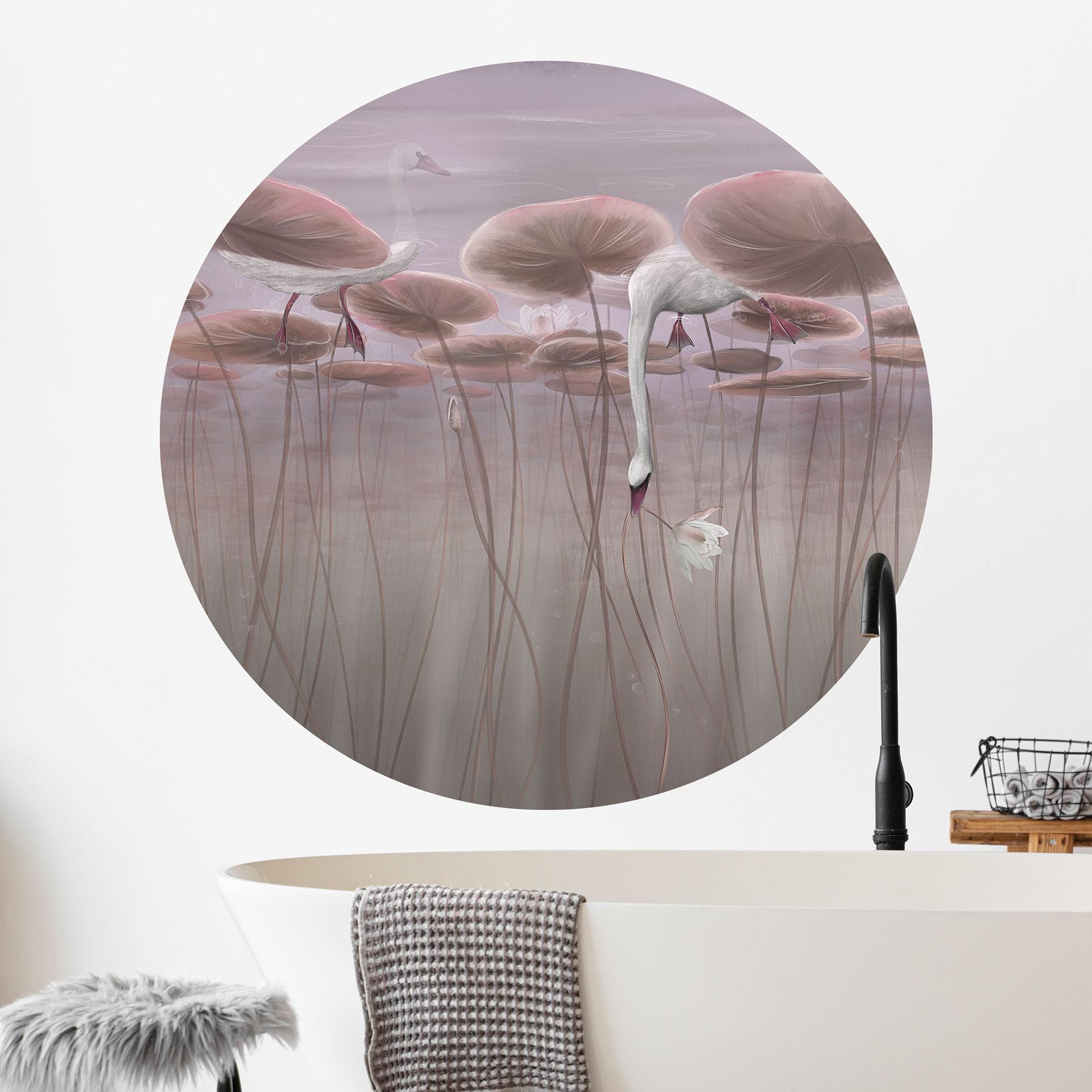 Wandtattoo Lotusblumen mit Schwan im Wasser in Altrosa - Ms Tiff - Rund