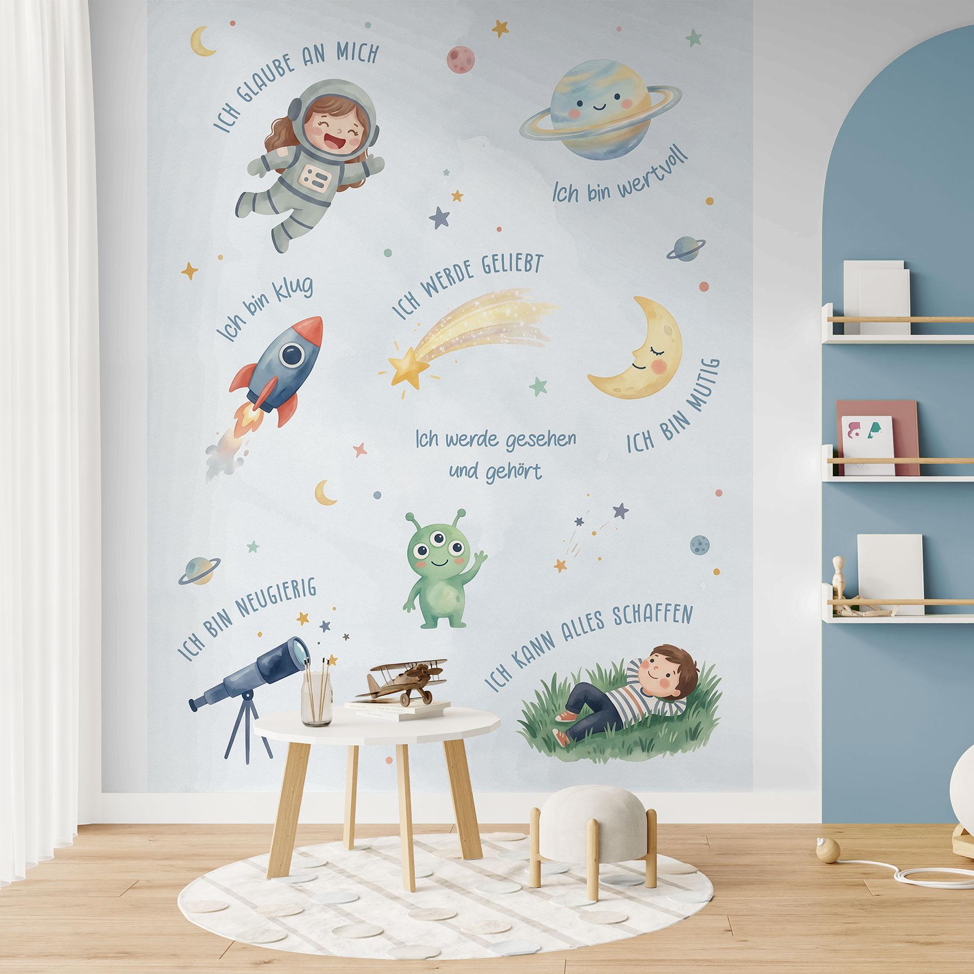 Fototapete - Affirmationen Weltraum zwischen Sternschnuppen für Kinder
