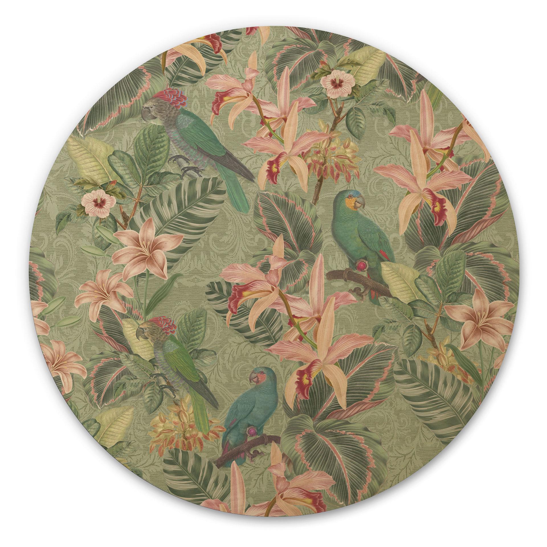 Billede af træ jungle med papegøjer grøn - Bloomery Decor - Round