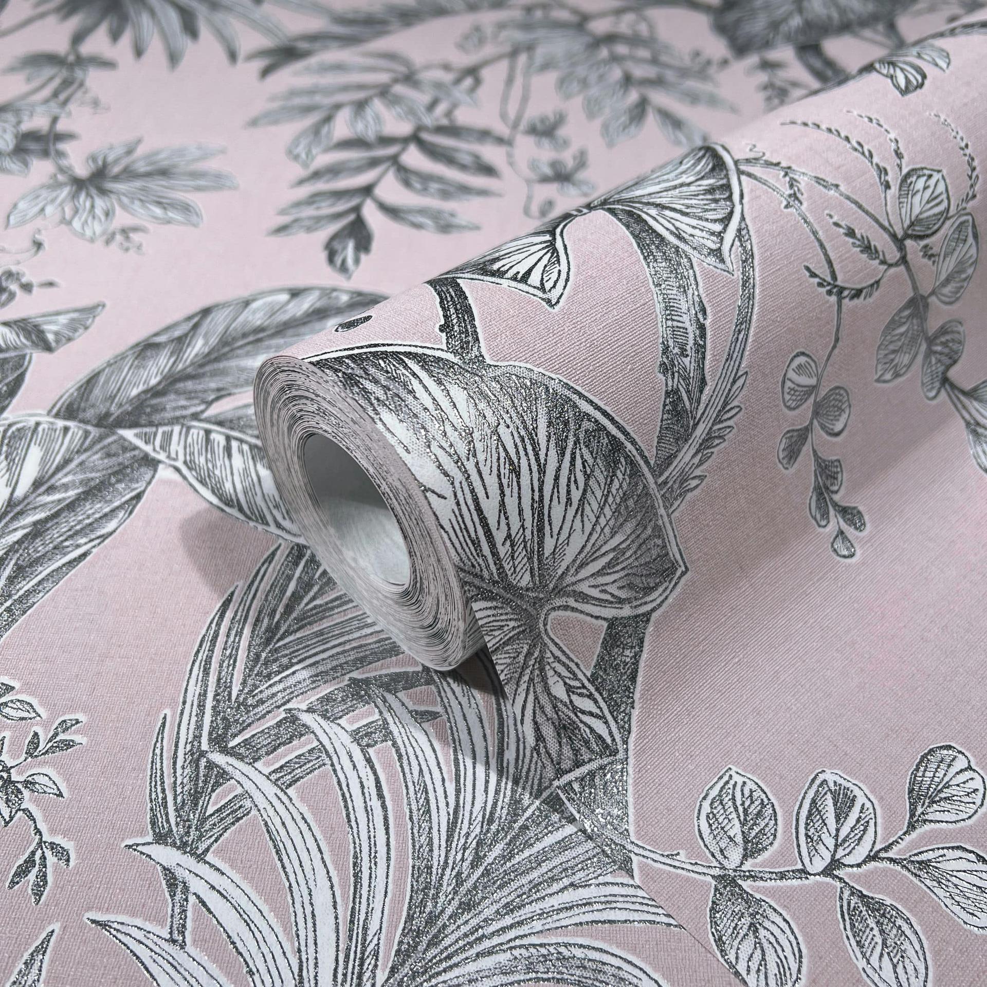 Bloemen behang vliesbehang Novamur Jackie roze, zilver