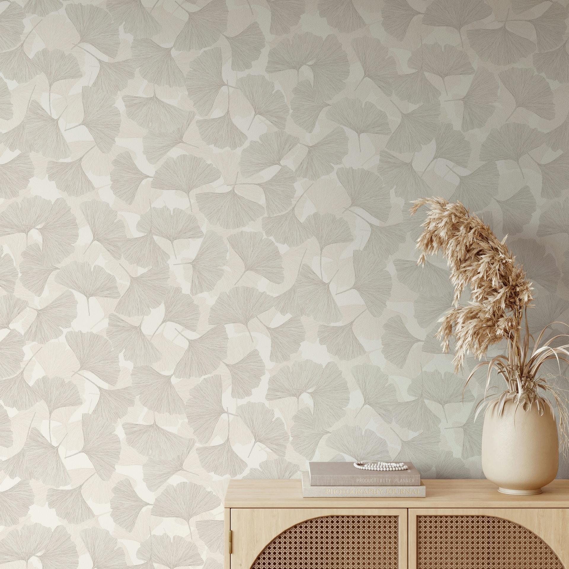 Vliesbehang 3D, bladeren bloem natuur mat in grijs beige