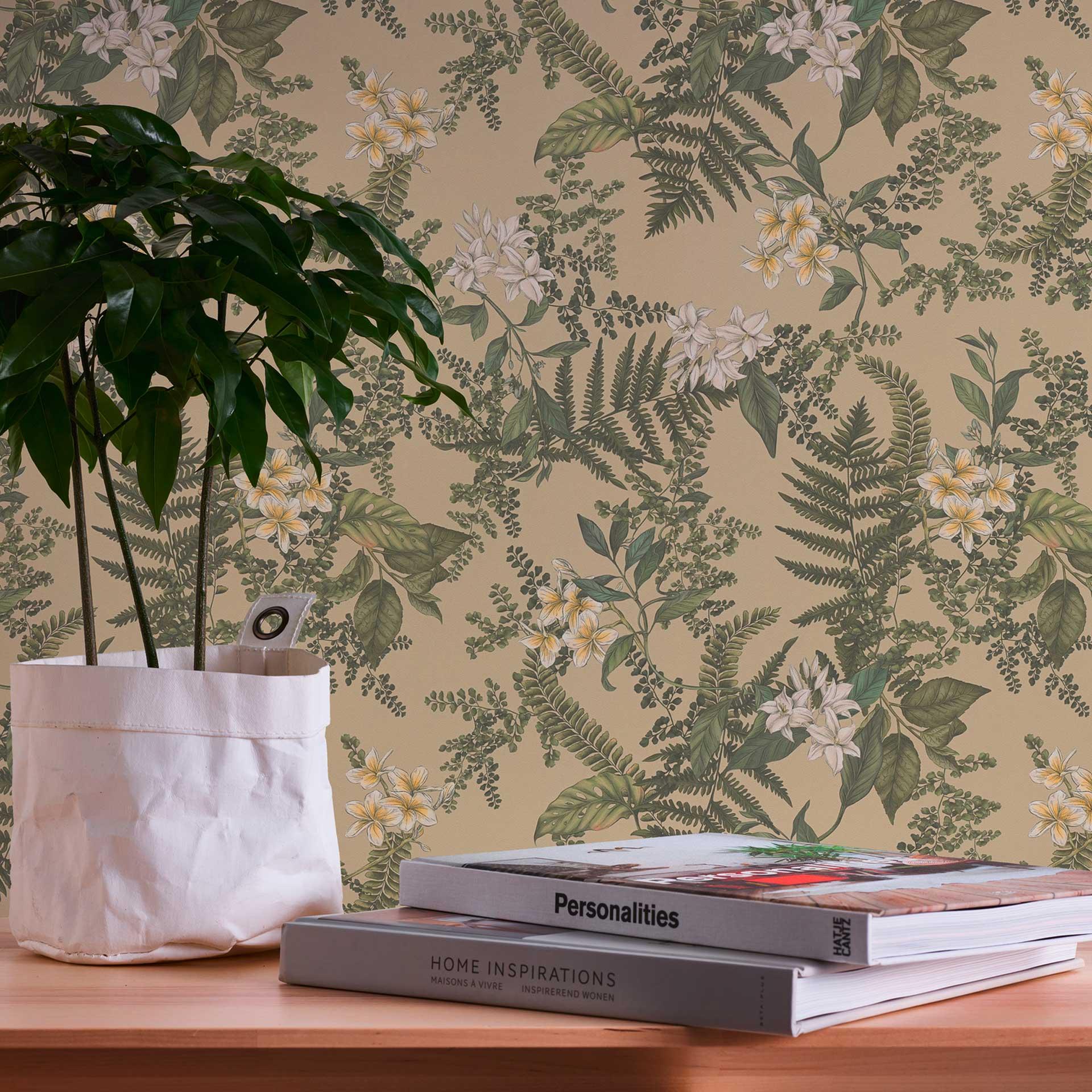 plantetapet med blomster grøn beige - non-woven tapet med blomstermotiver