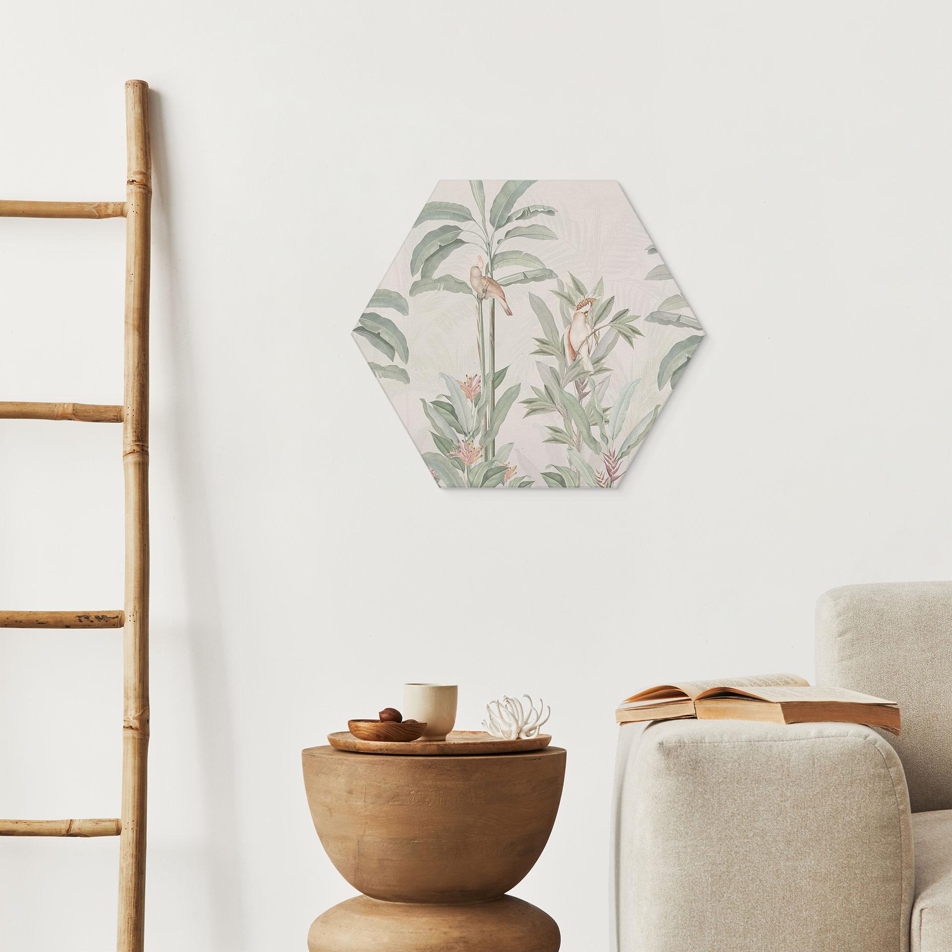 Sekskantet billede Tropisk skov med kakaduer - Bloomery Decor - Aluminium dibond