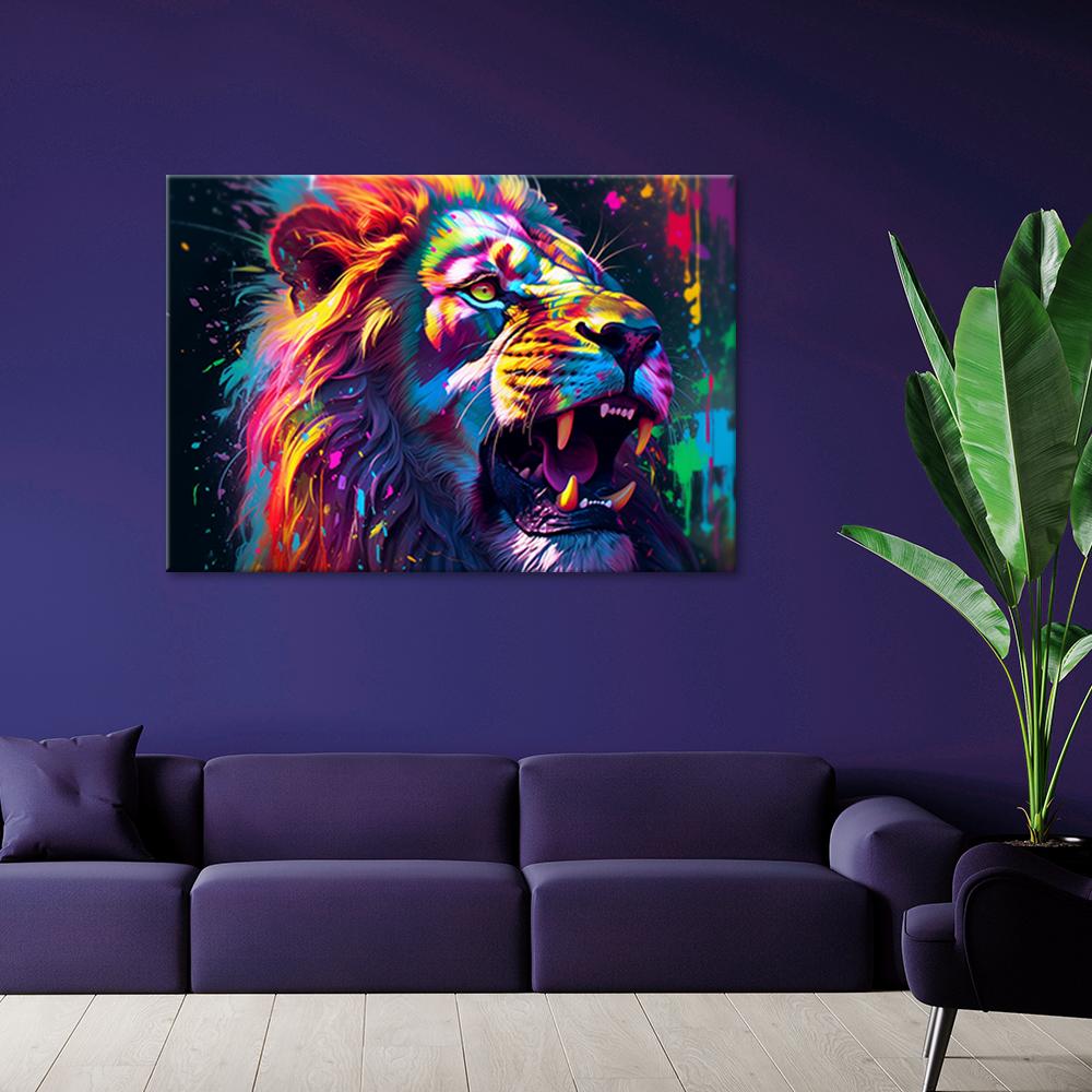 Lærred print, løve neon abstraktion