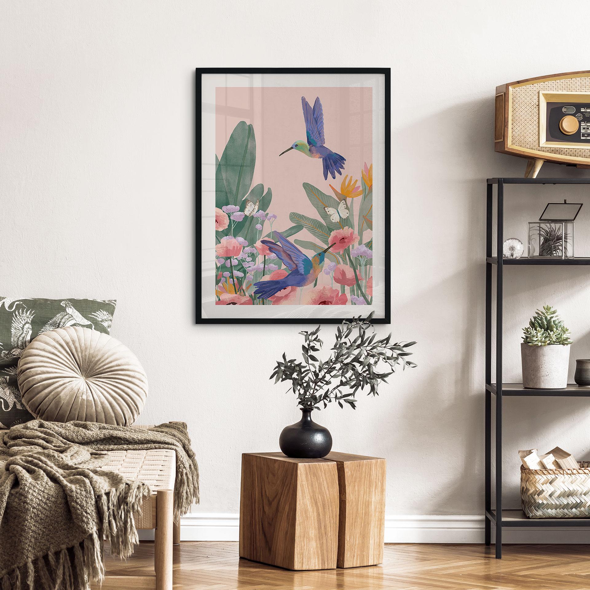 Plakat To kolibrier i den farverige blomstereng - Goed Blauw