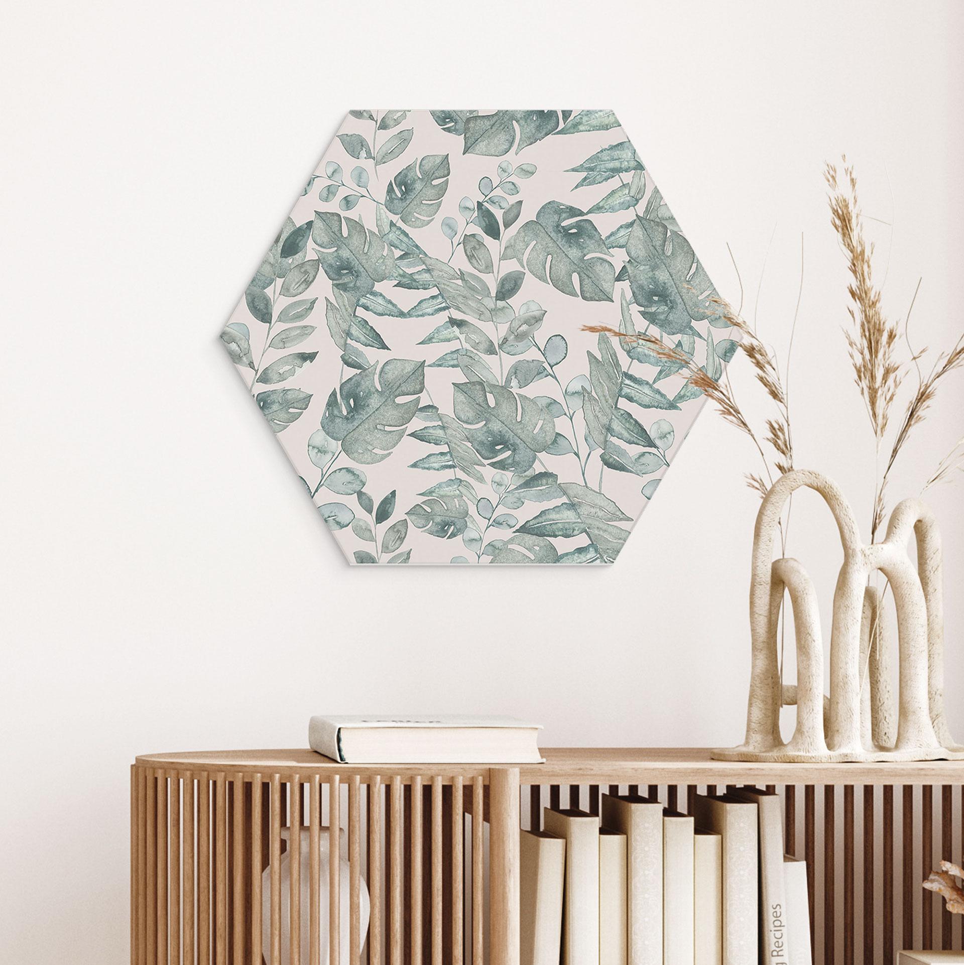Sekskantet Billede jungleblade akvarel creme - Bloomery Decor - Alu-Dibond