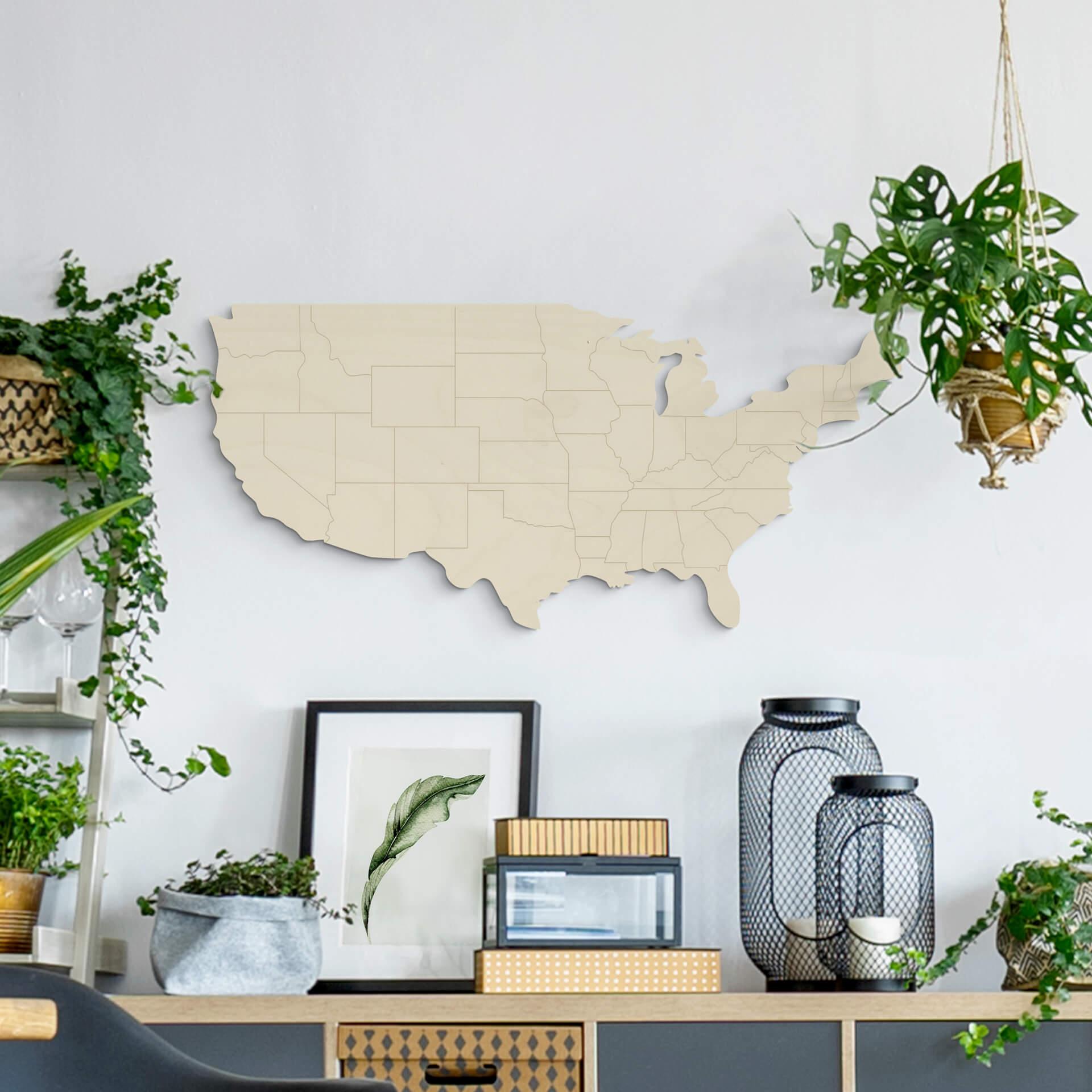 Decoración en madera chopo - Mapa USA con bordes de países