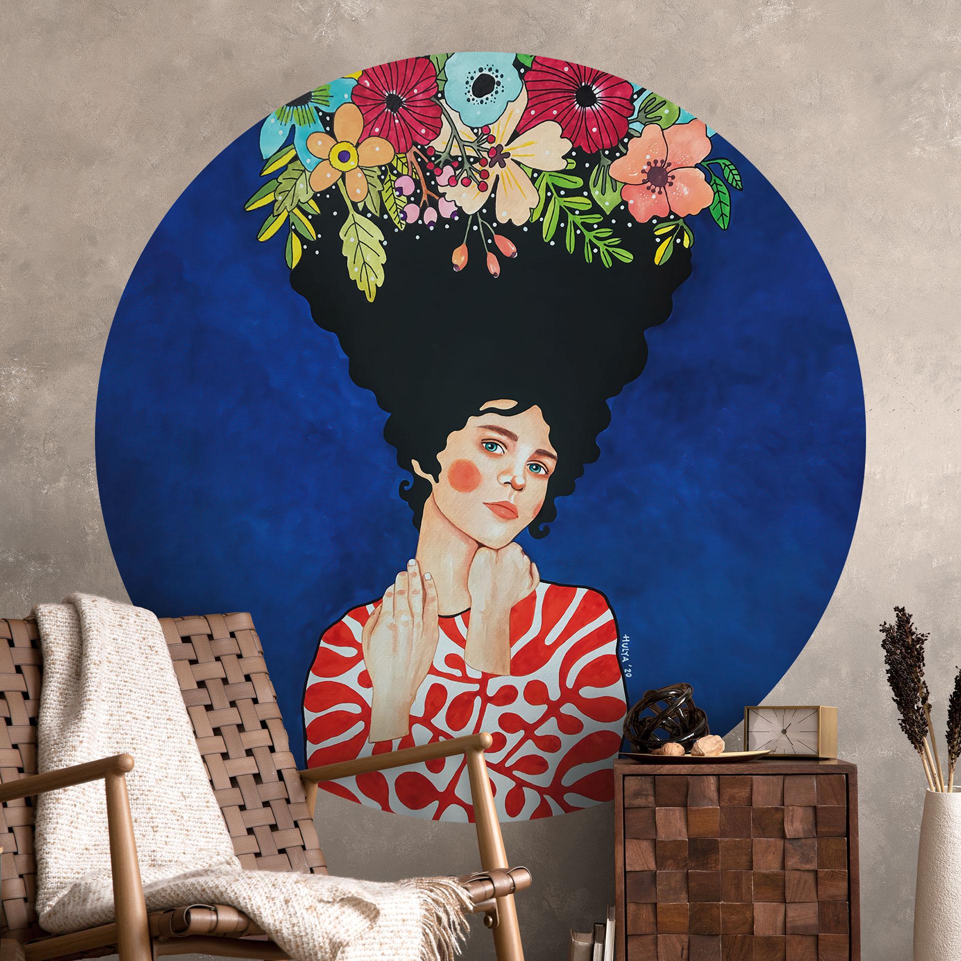 Wallsticker Kvinde med blomster i håret - Hülya - Rund