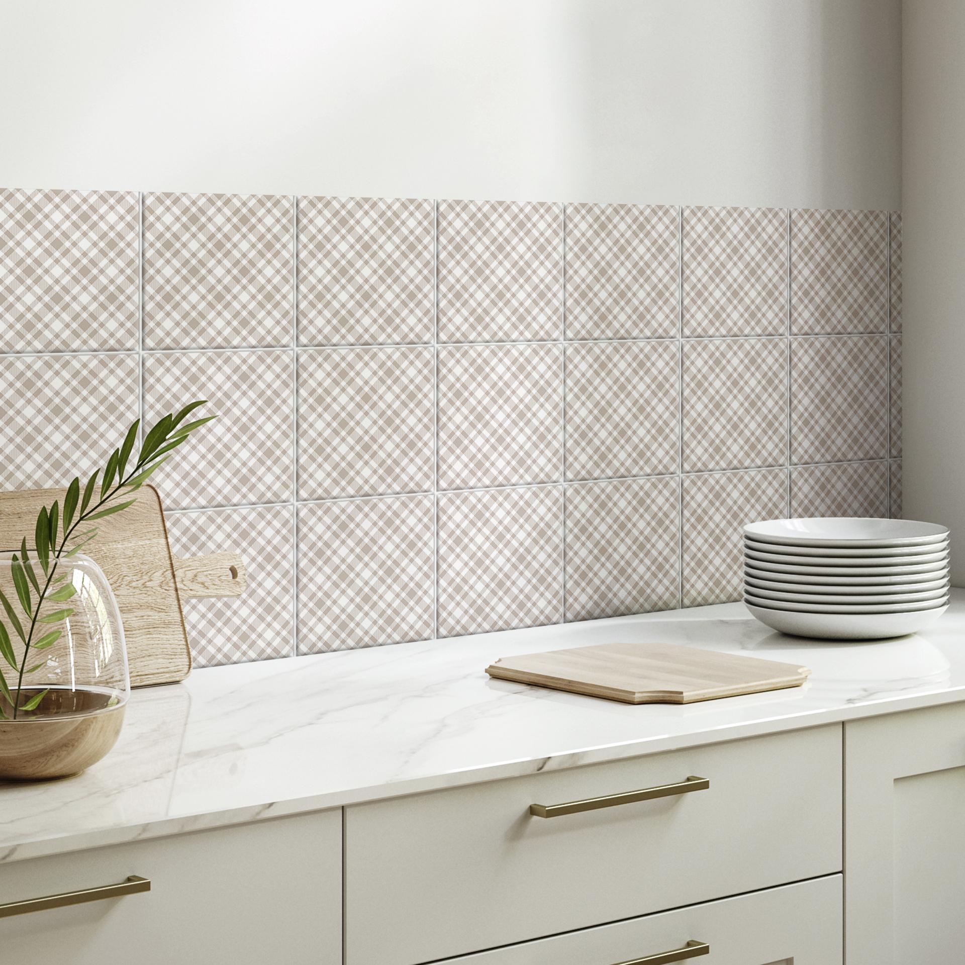 Azulejos Adhesivos con Muestra de Cuadros en color Topo-Blanco - Lote de 12