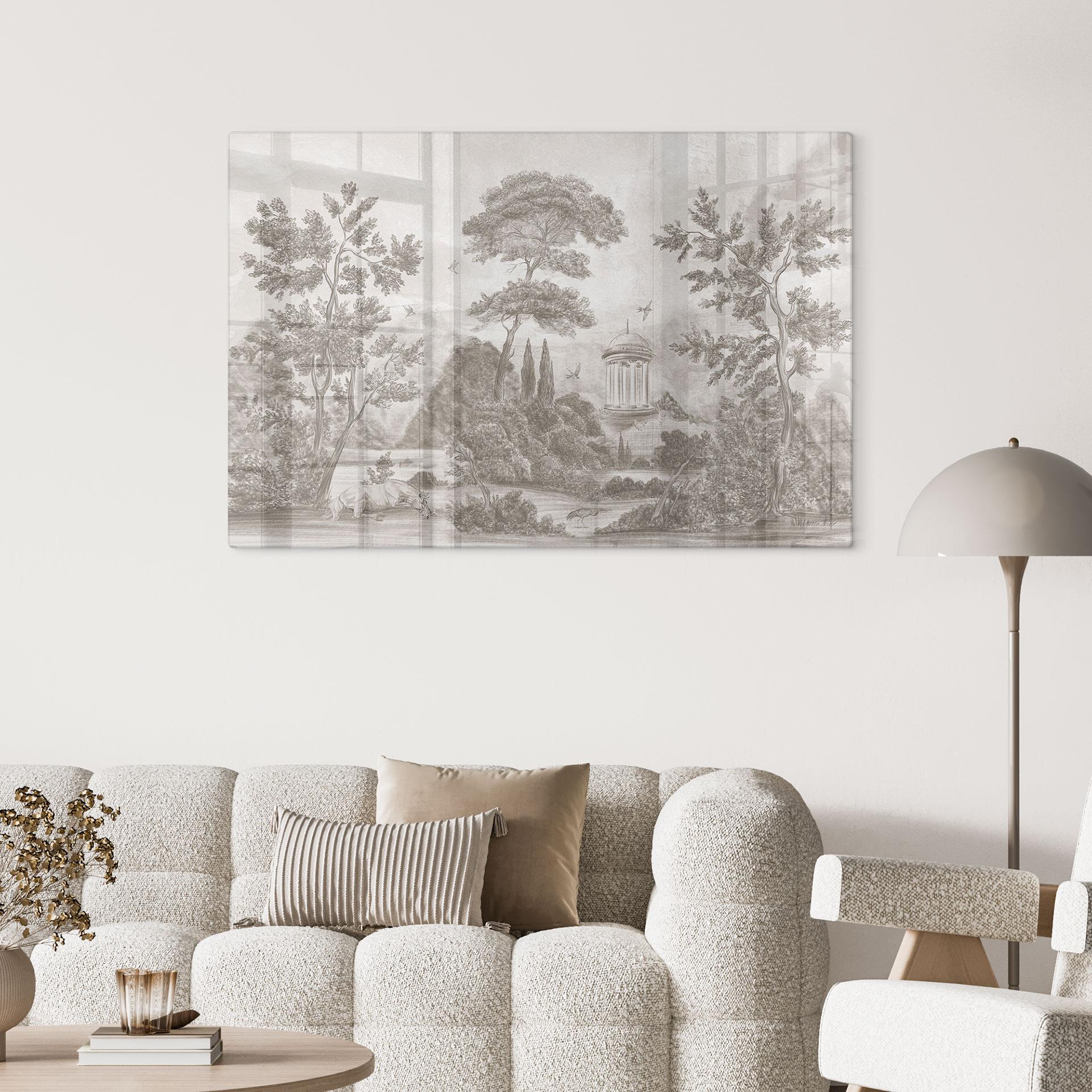 Glasbild Landschaft mit Gartenlandschaft in Beige - Ms Tiff