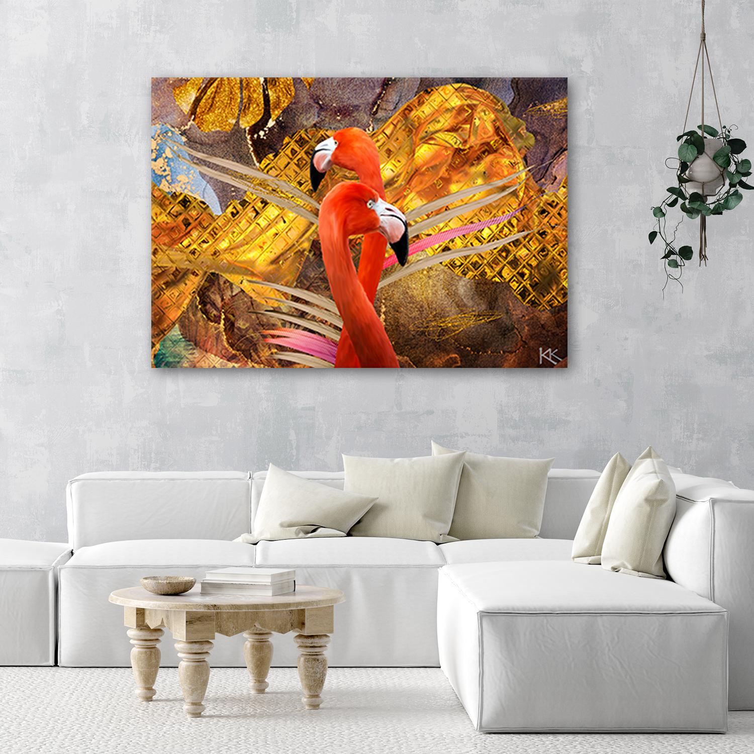 Canvasbillede, Flamingo guld dyr