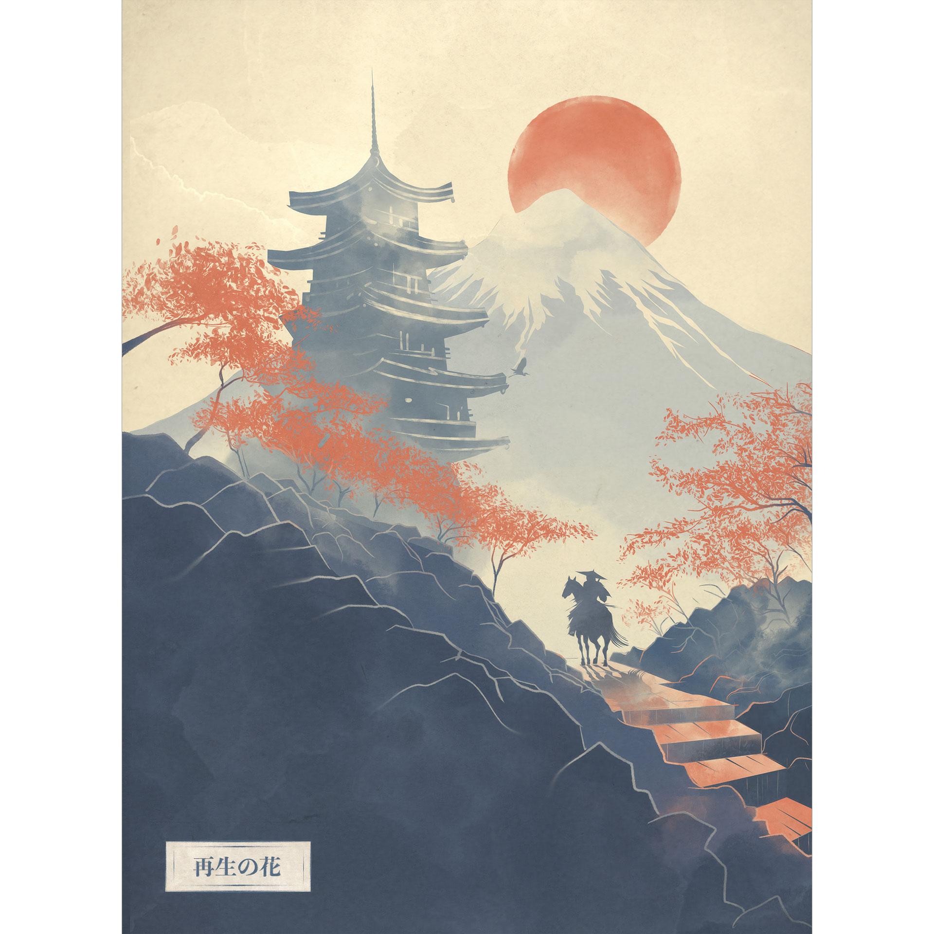 Fototapete Sonnenaufgang über der Pagode | Japanische Landschaft - Roze