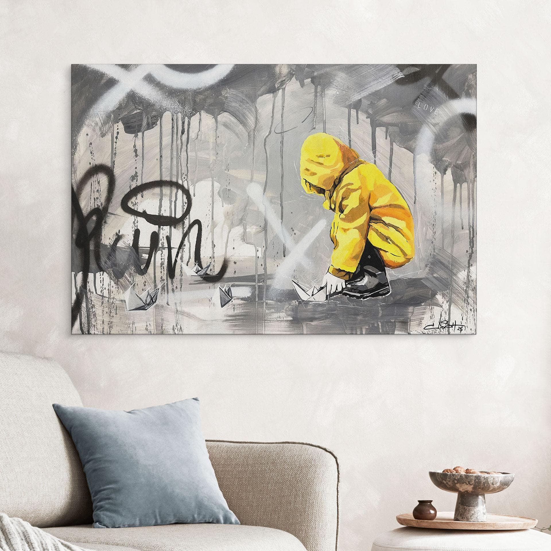 Wandbild Kind mit Papierschiff Streetart - Habib - Alu-Dibond