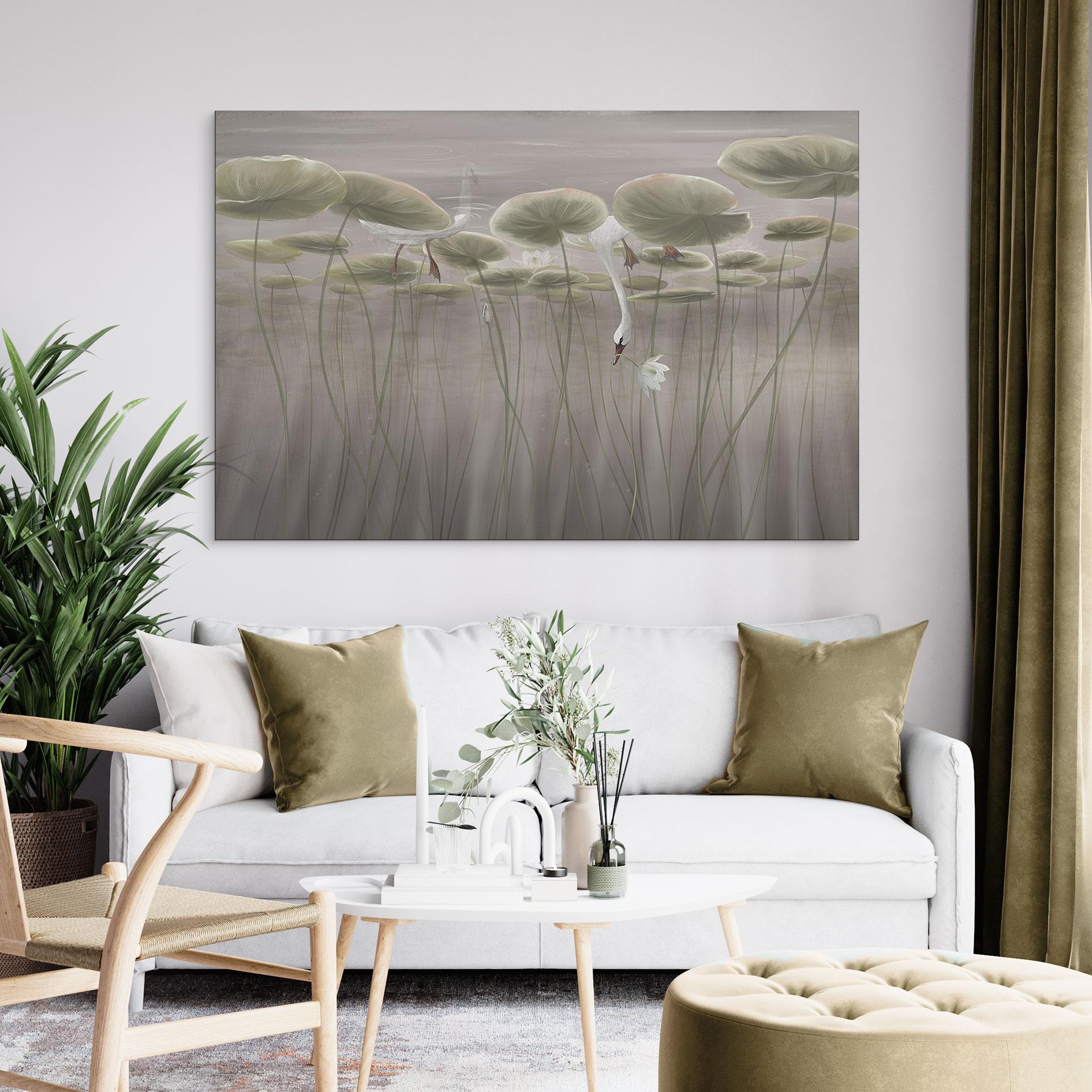 Wandbild Lotusblumen mit Schwan im Wasser in Grau - Ms Tiff - Alu-Dibond