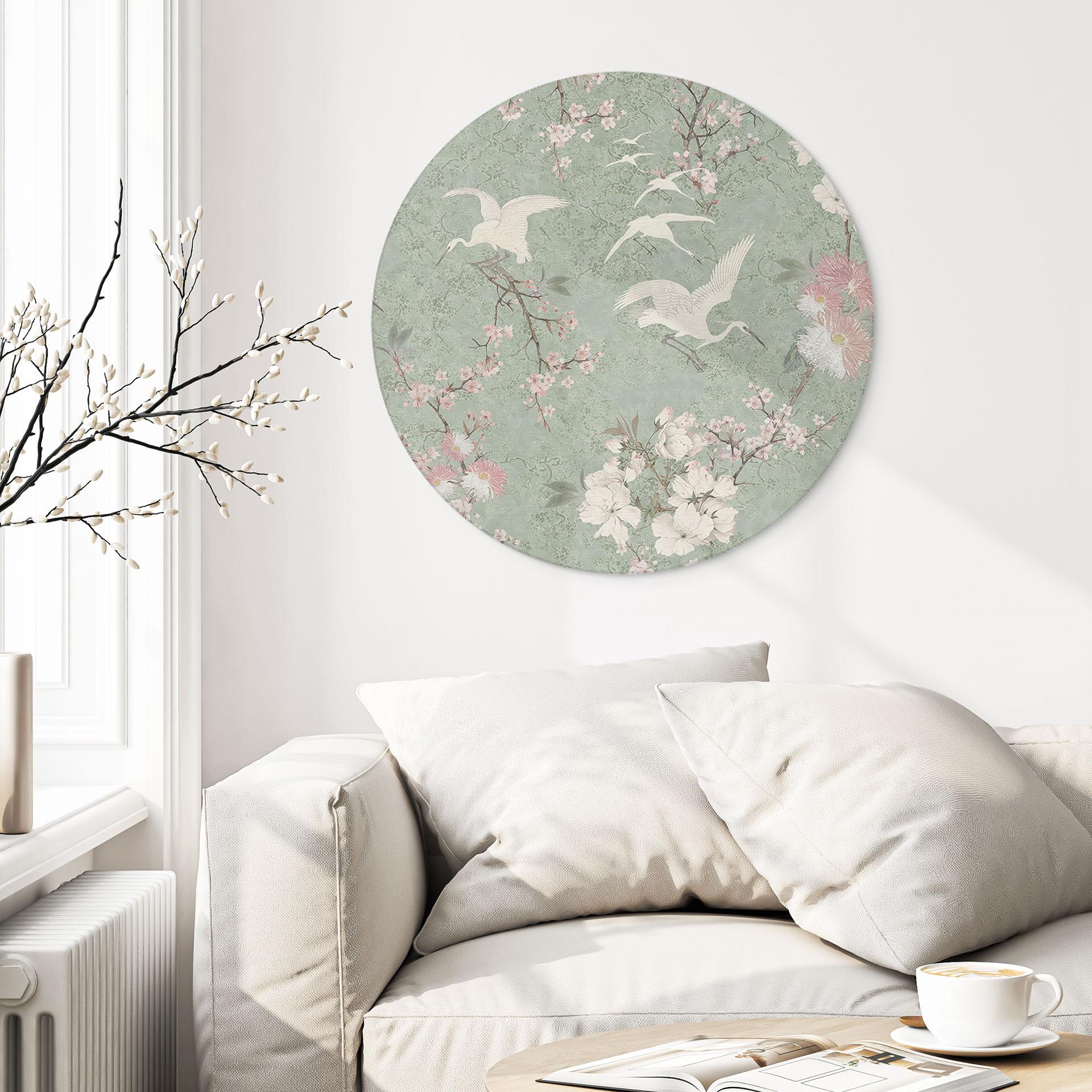Billede af kraner i kirsebærblomst Rush Green - Bloomery Decor - rund – print på aluminium