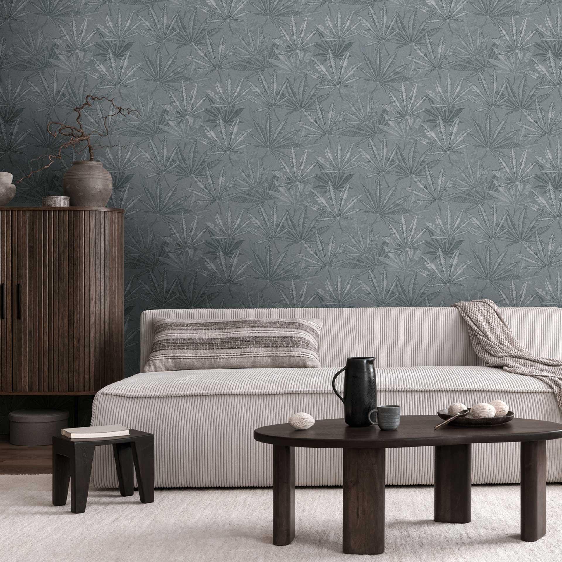 Leaves tapet grå - Ikke-vævet tapet med et bladmønster af stor størrelse i et moderne look