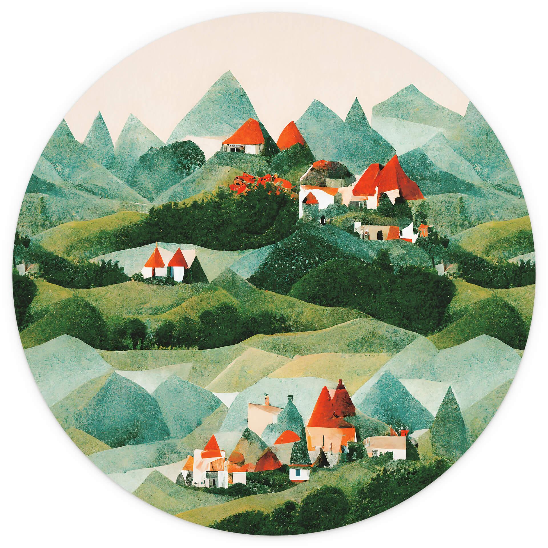 Behangcirkel Treechild - Small village in the middle of green hills - vliesbehang/zelfklevend vliesb