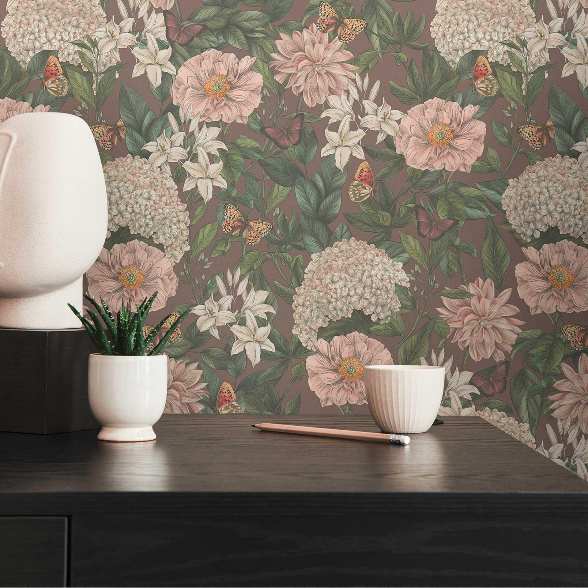 blomstertapet med sommerfugle rødgrøn - non-woven tapet med lyse blomster