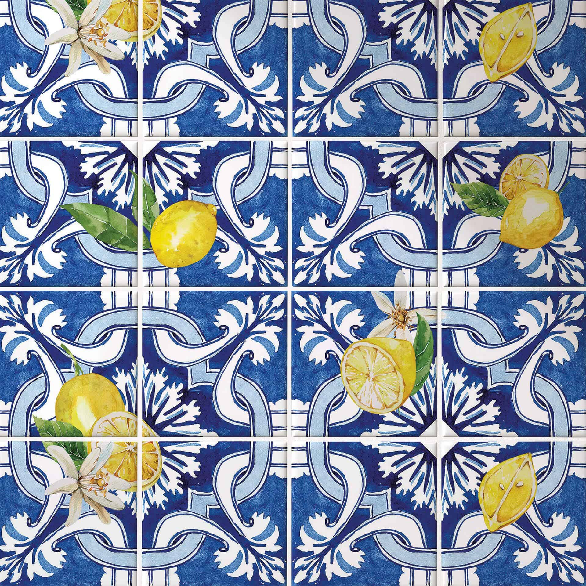 Azulejos Adhesivos Siciliana en azul con limones - lote de 12