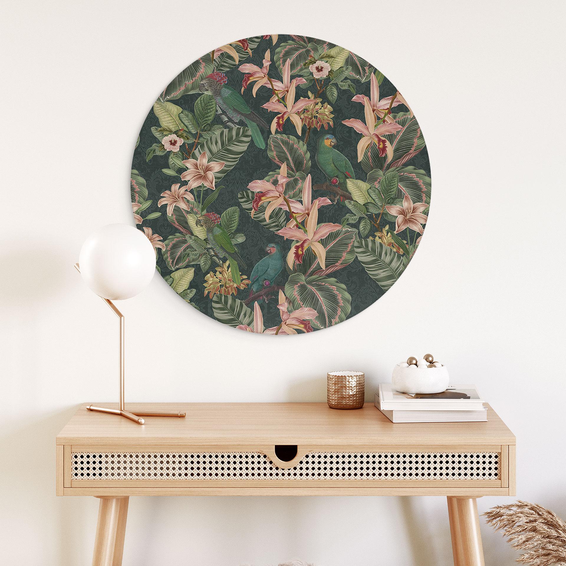 Billede jungle med papegøjer natgrøn - Bloomery Decor - rund – print på aluminium (Alu-Dibond)