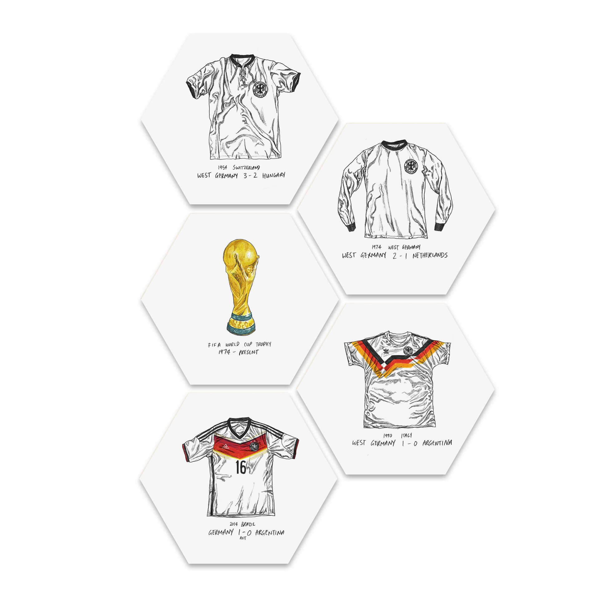 Hexagon - Alu-Dibond Sparshott - Fußballtrikots Deutschland 5er Set