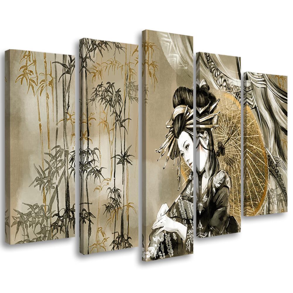 Lærred print 5 dele, geisha og bambus