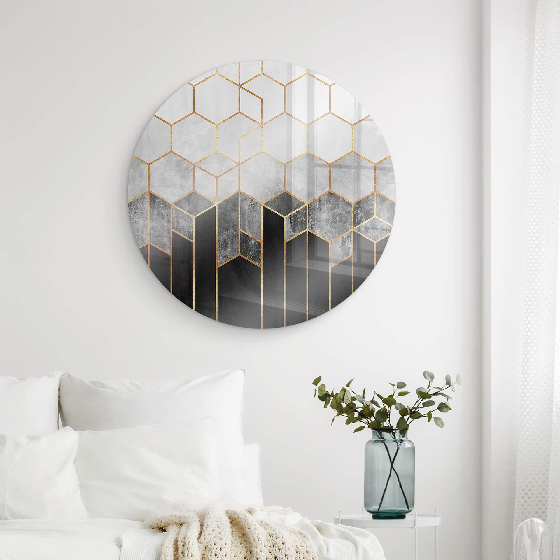 Glasschilderij Rond Fredriksson - Black and Grey Hexagons
