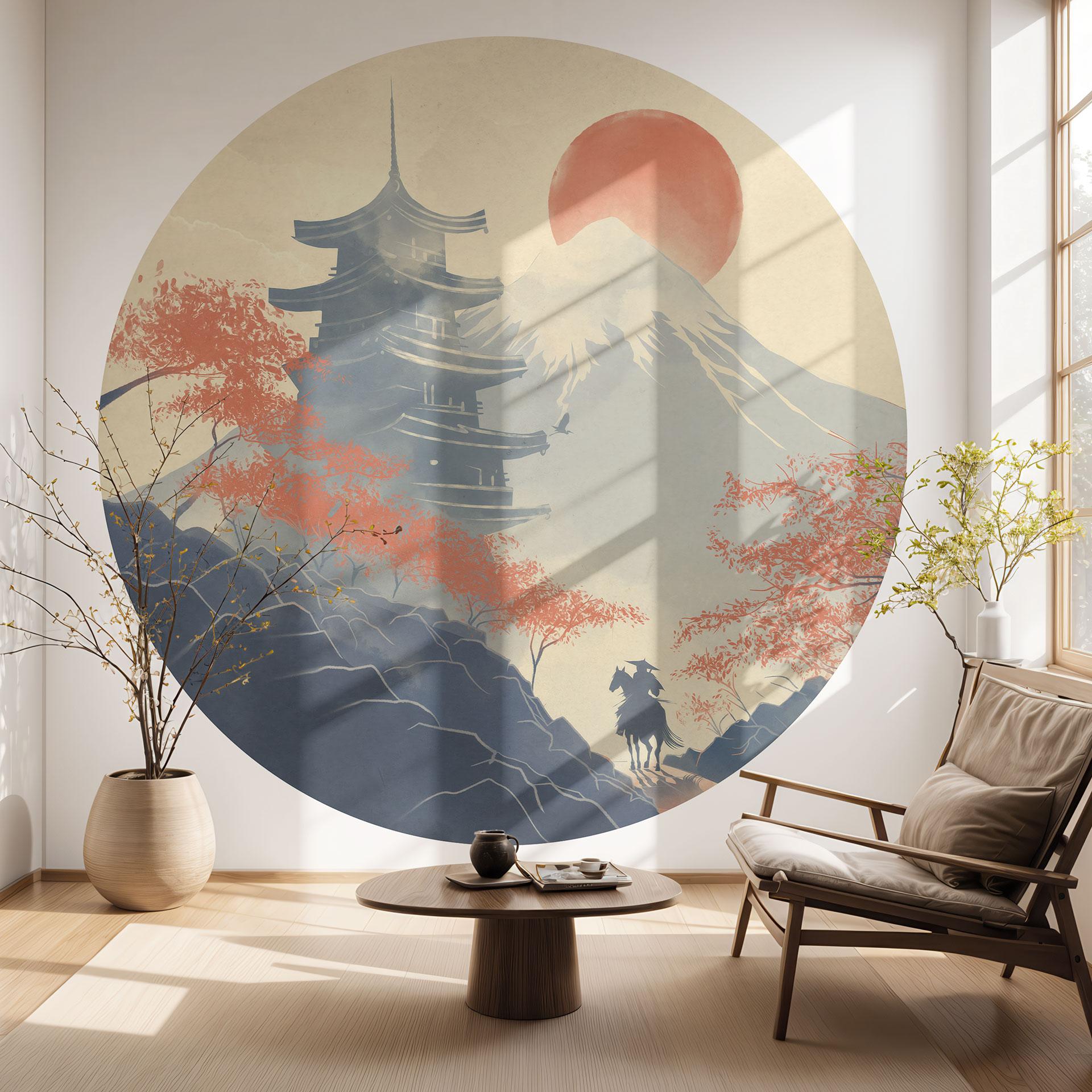 Solopgang over pagoden | Japan Art - Roze - Rundt tapet - vliesetapet/selvklæbende non-woven tapet