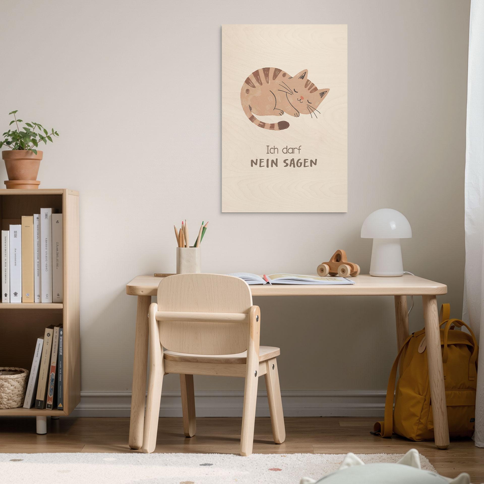 Holzbild mit schlafender Katze - Glaubenssatz 'Ich darf nein sagen' fürs Kinderzimmer