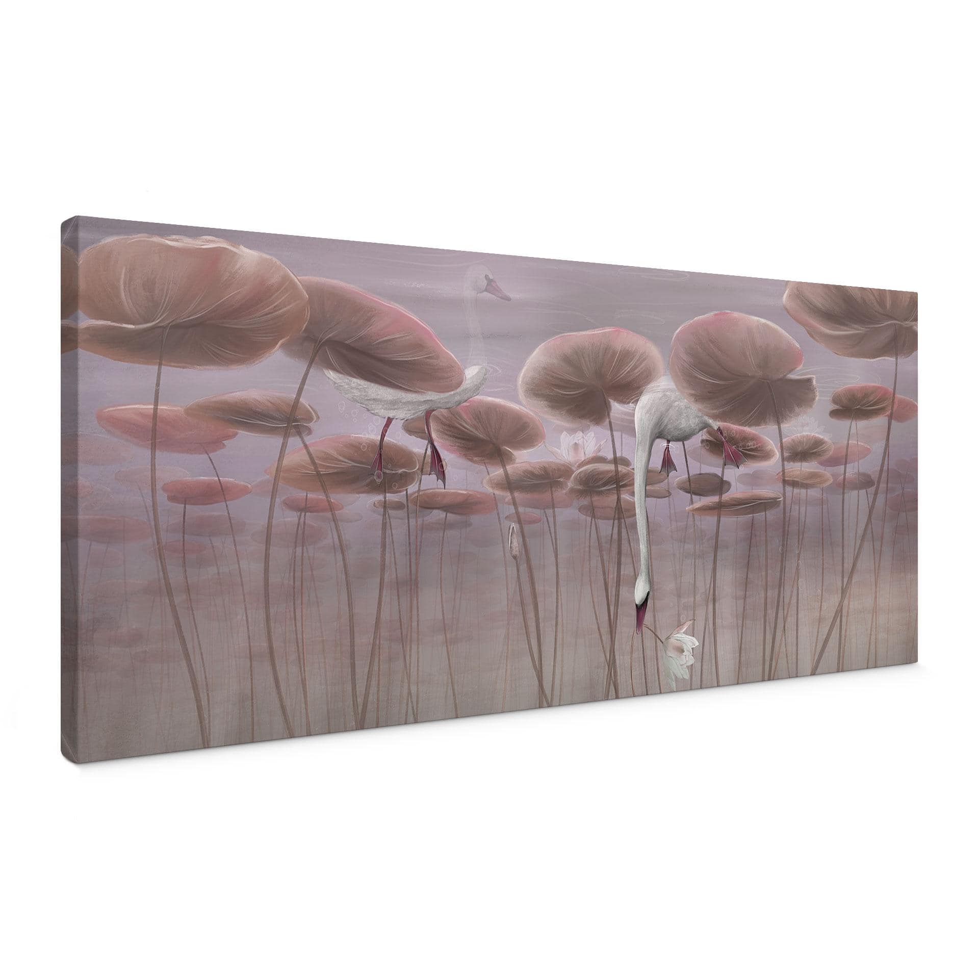 Leinwandbild Lotusblumen mit Schwan im Wasser in Altrosa - Ms Tiff - Panorama