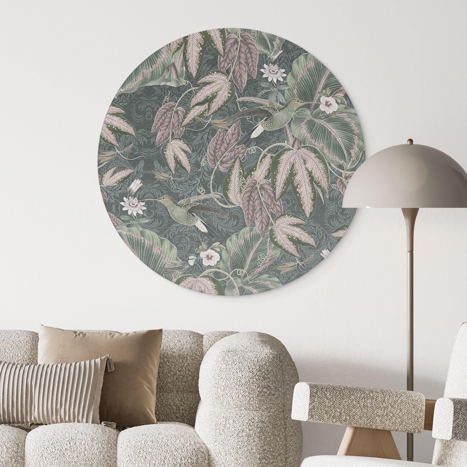 Billede af kolibri i en tropisk skov - Bloomery Decor - rund – print på aluminium (Alu-Dibond)
