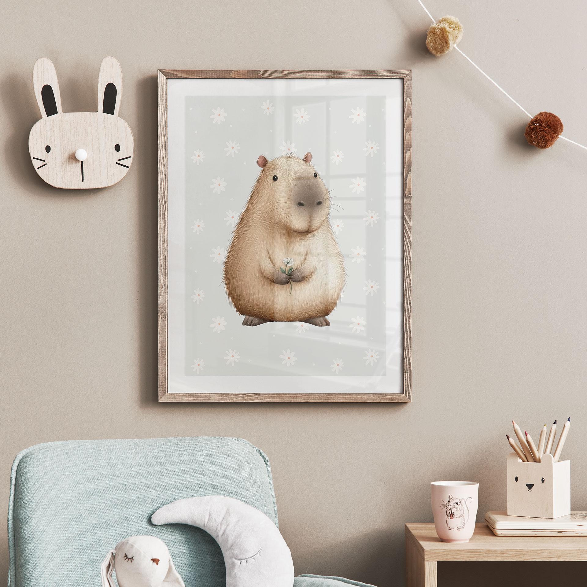 Plakat dla dzieci - Kapibara ze stokrotkami