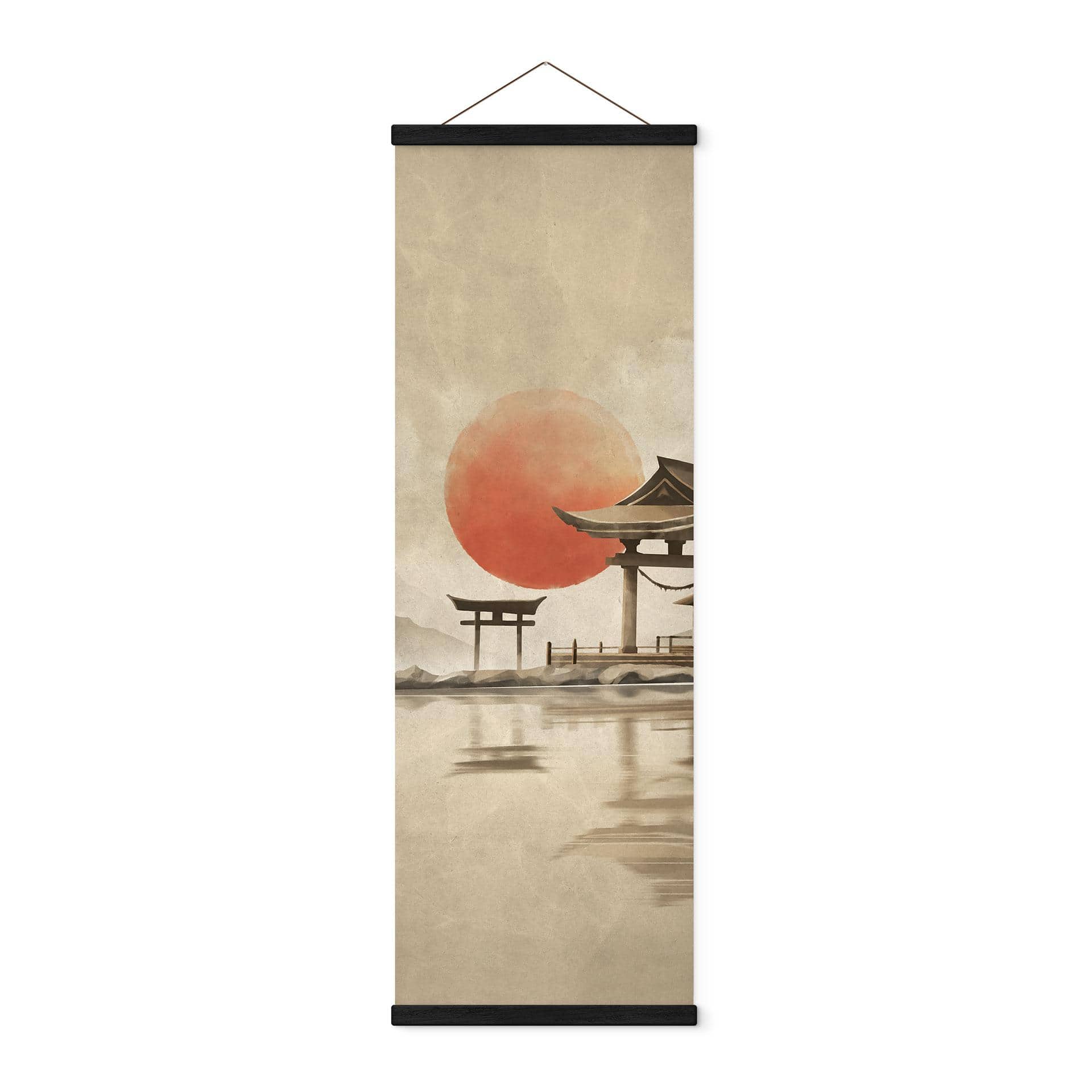 Tekstil plakat Japansk tempel ved solopgang - Roze - Panorama