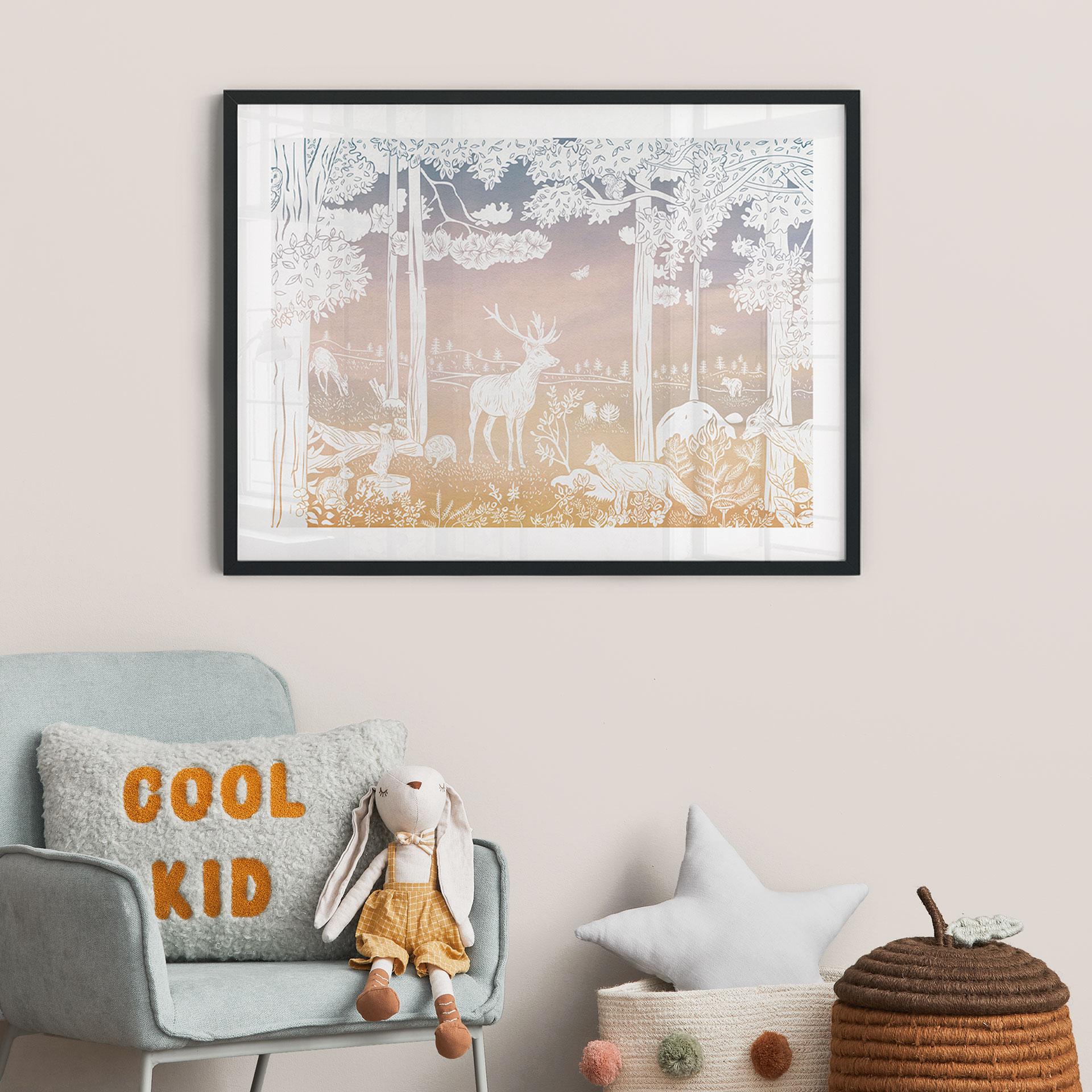 Póster Bosque tranquilo con ciervos y zorros - Ombre - Kikki Belle