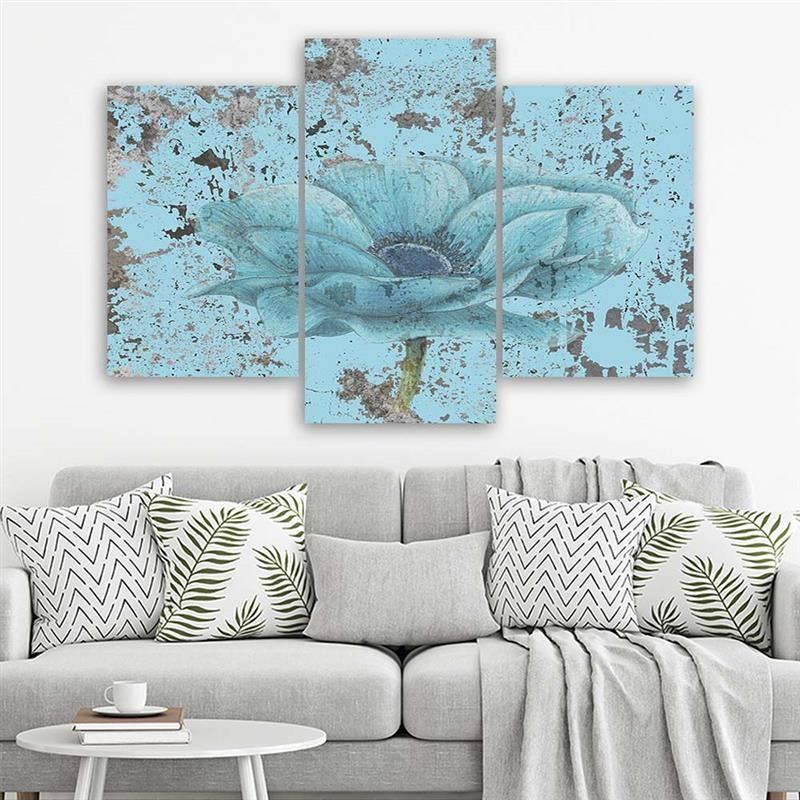 3-delige canvas print vintage bloem blauw